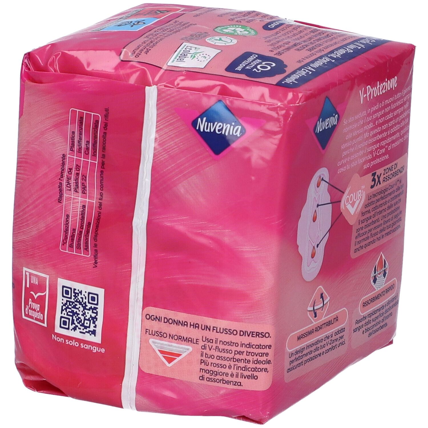 Nuvenia Ultra+ Ali confezionato. Confezione rosa con informazioni e logo. 14 pezzi, con ali. Retro.