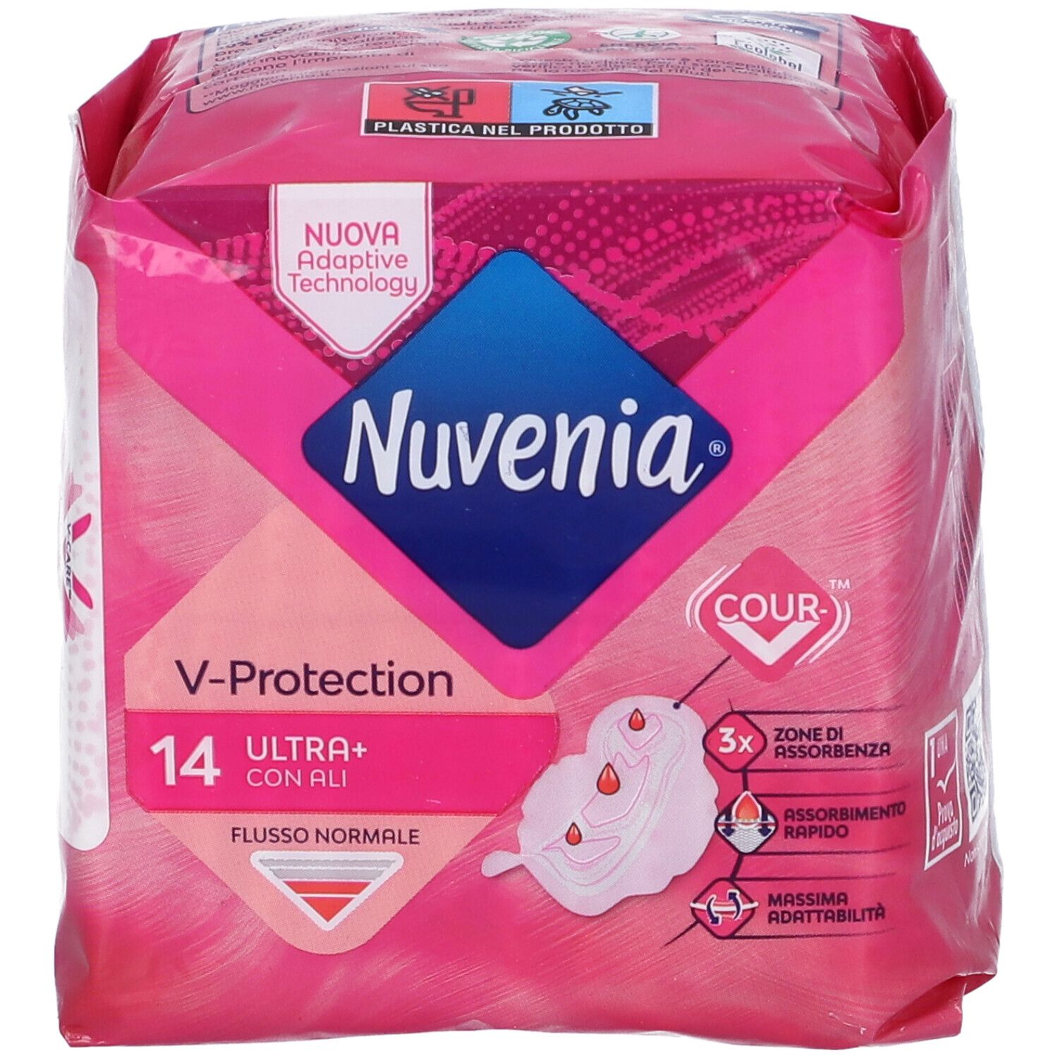 Confezione di Nuvenia Ultra+ Ali. Confezione rosa con informazioni sul prodotto e logo. 14 pezzi, con ali.