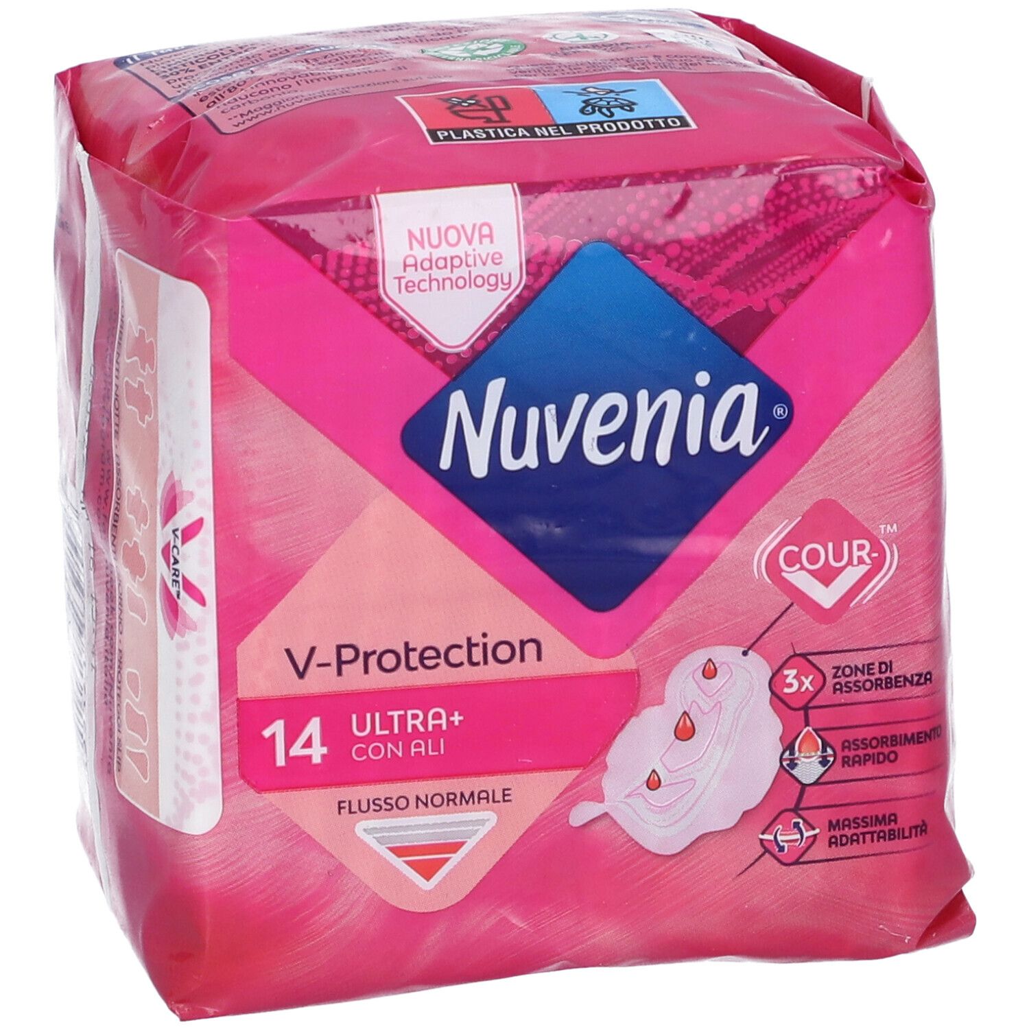 Confezione di Nuvenia Ultra+ Ali. Confezione rosa con informazioni sul prodotto e logo. 14 pezzi, con ali.
