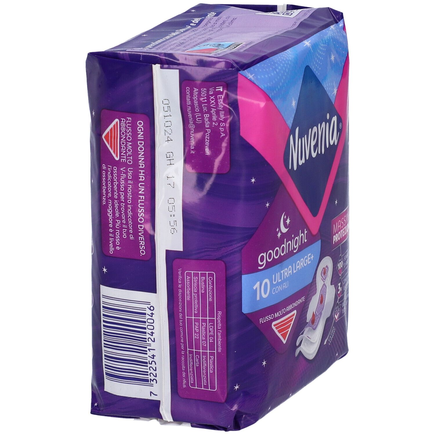 Verpackung von Nuvenia Goodnight Ultra Large+ Nachtbinden mit Flügeln. Seitenansicht mit Produktinformationen.