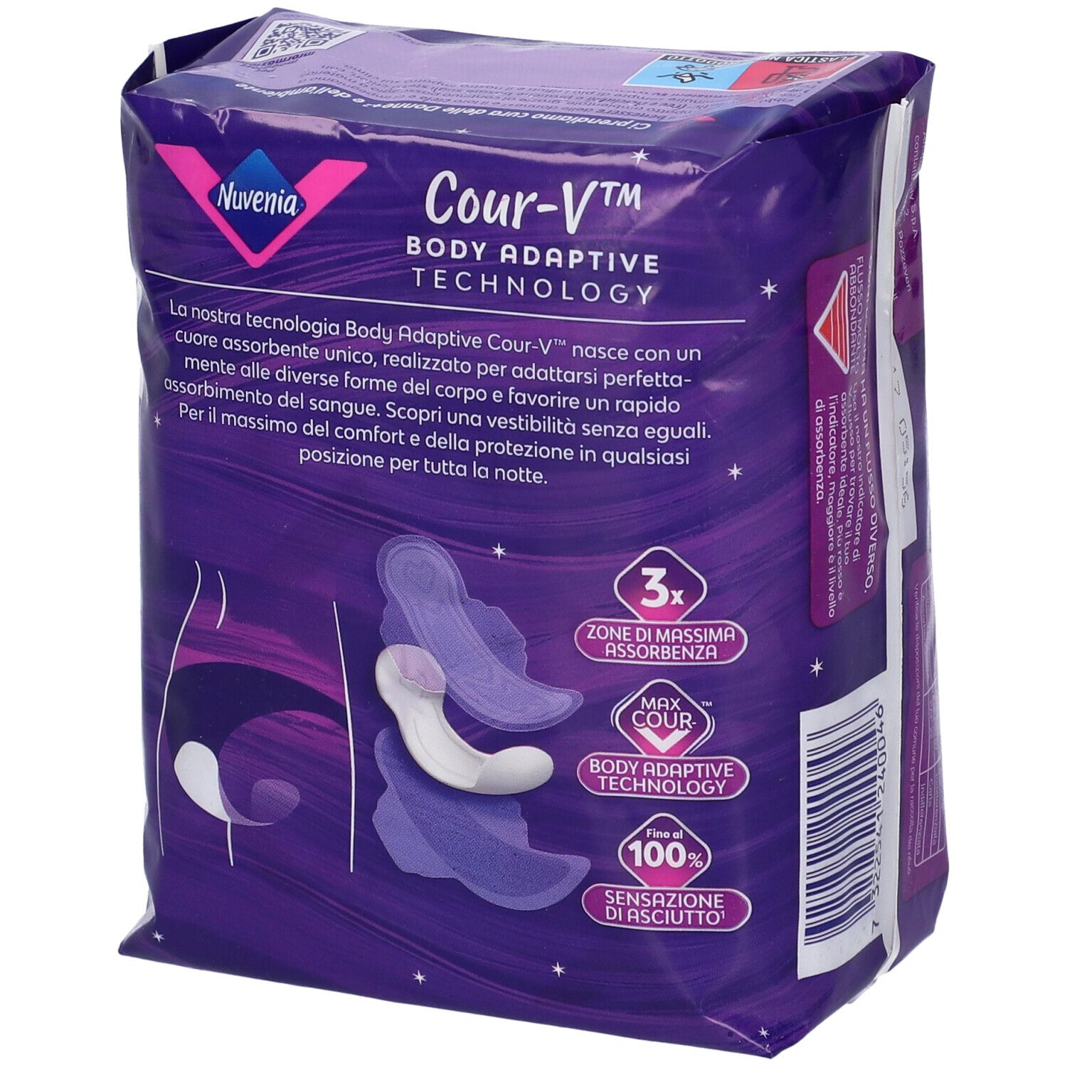 Rückseite der Nuvenia Goodnight Ultra Large+ Nachtbinden mit Flügeln. Produktabbildung und Technologie.