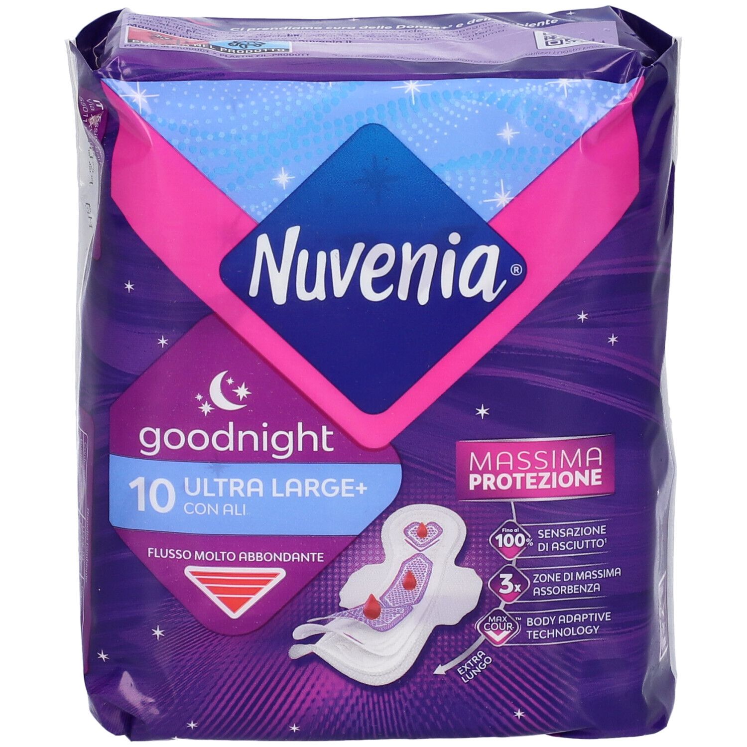 Verpackung von Nuvenia Goodnight Ultra Large+ Nachtbinden mit Flügeln. Vorderansicht, Produktabbildung.