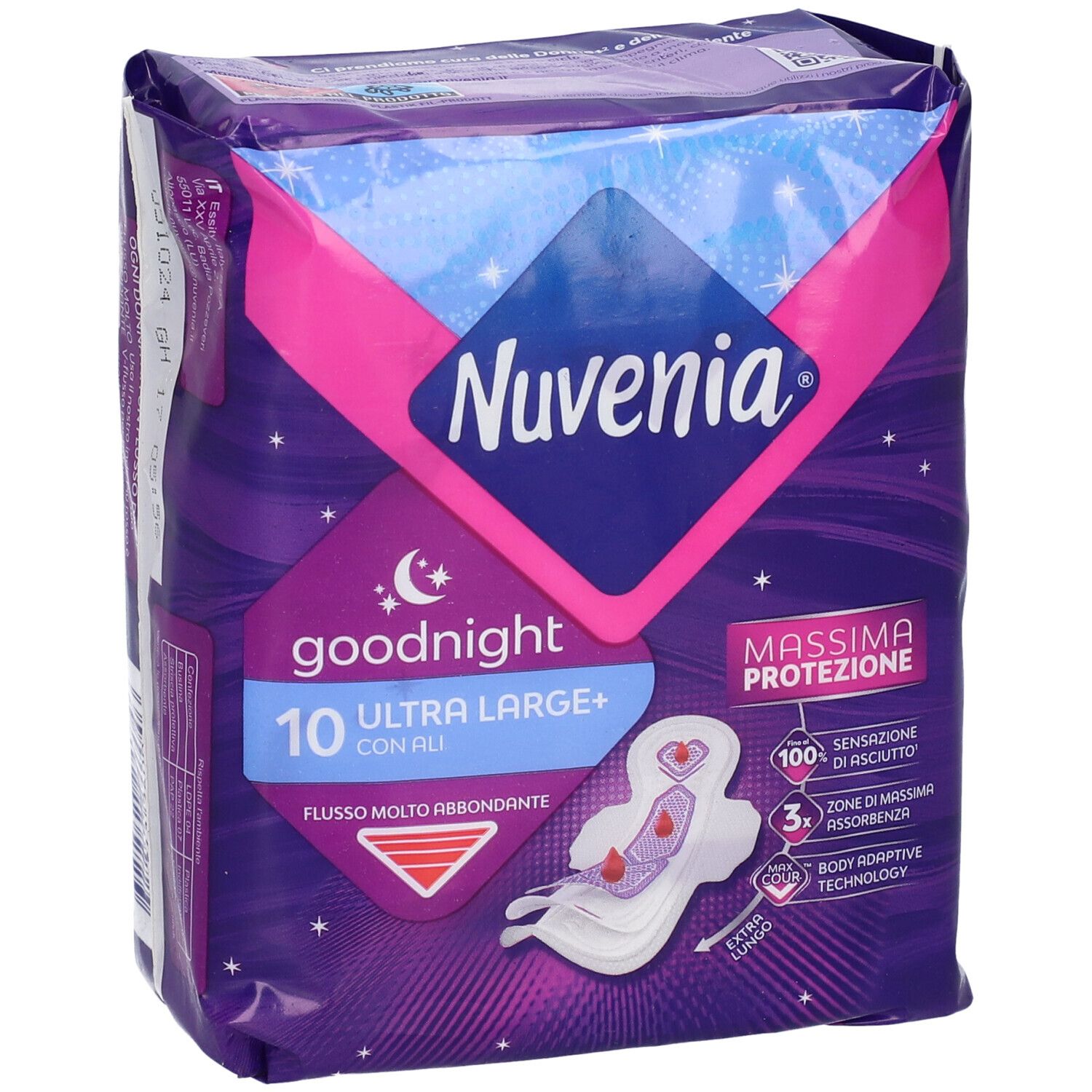 Verpackung von Nuvenia Goodnight Ultra Large+ Nachtbinden mit Flügeln. Vorderansicht, Produktabbildung.
