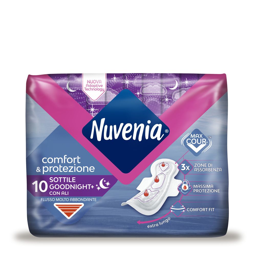 Confezione di Nuvenia Sottile Notte Ali. Confezione rosa e blu con immagine e testo. 10 pezzi, extra lungo.