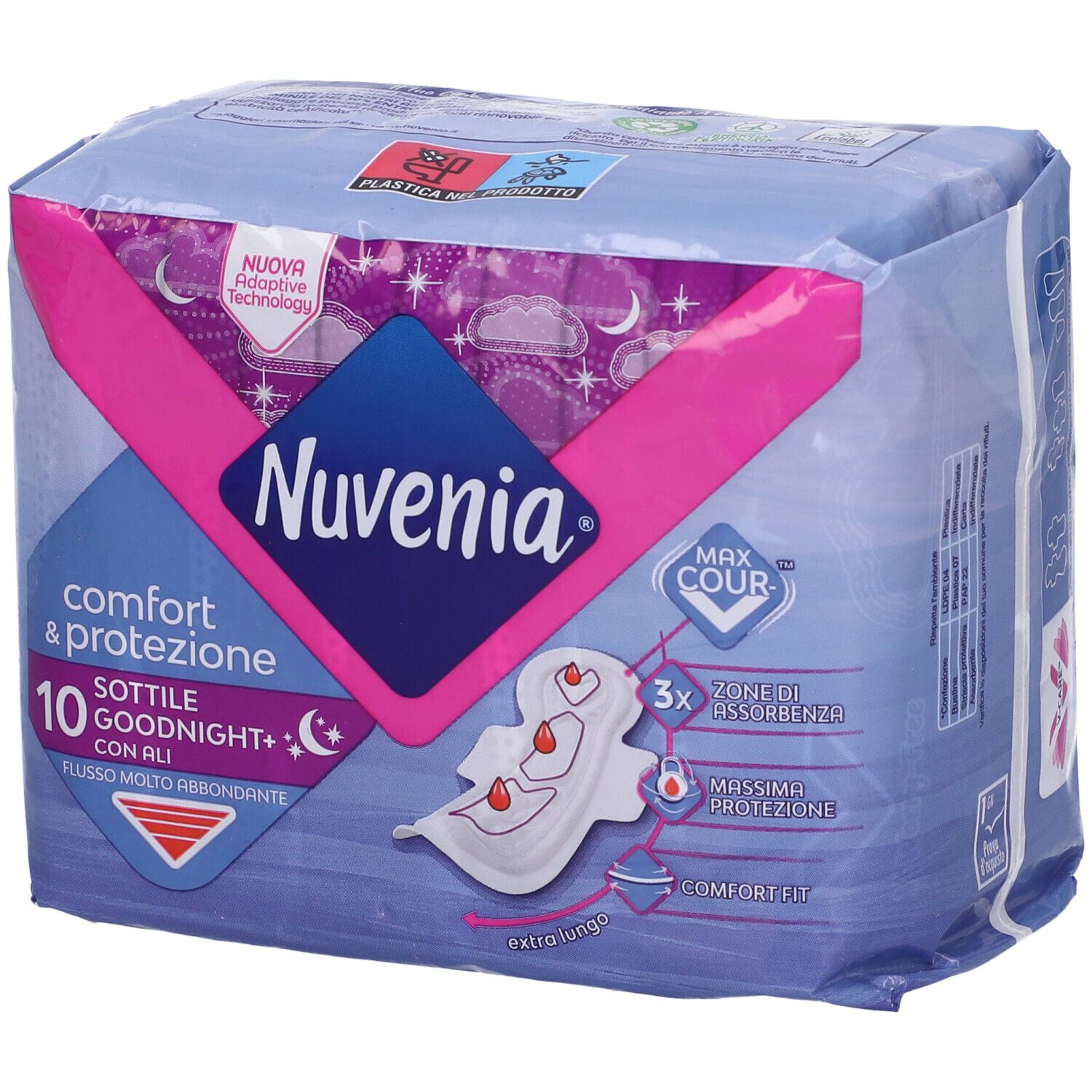 Confezione di Nuvenia Sottile Notte Ali. Confezione rosa e blu con immagine e testo. 10 pezzi, extra lungo.