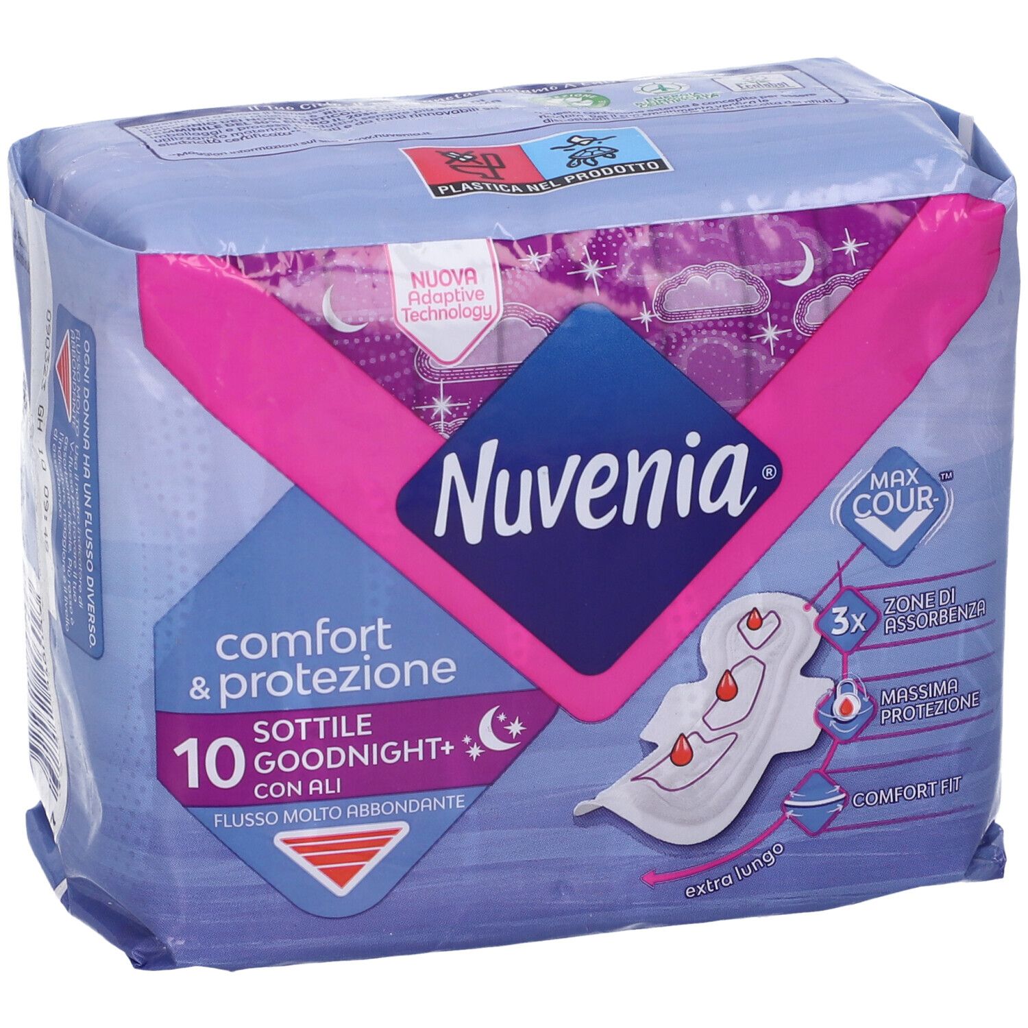 Confezione di Nuvenia Sottile Notte Ali. Confezione rosa e blu con immagine e testo. 10 pezzi, extra lungo.