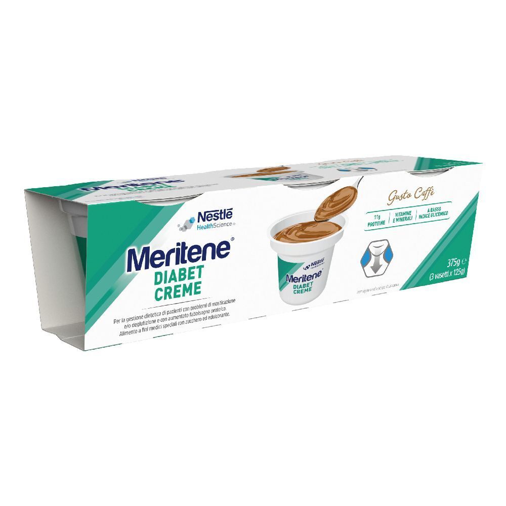 Emballage de Nestle Meritene Diabet Creme. 3 desserts au café. Emballage vert et blanc avec logo et informations nutritionnelles.
