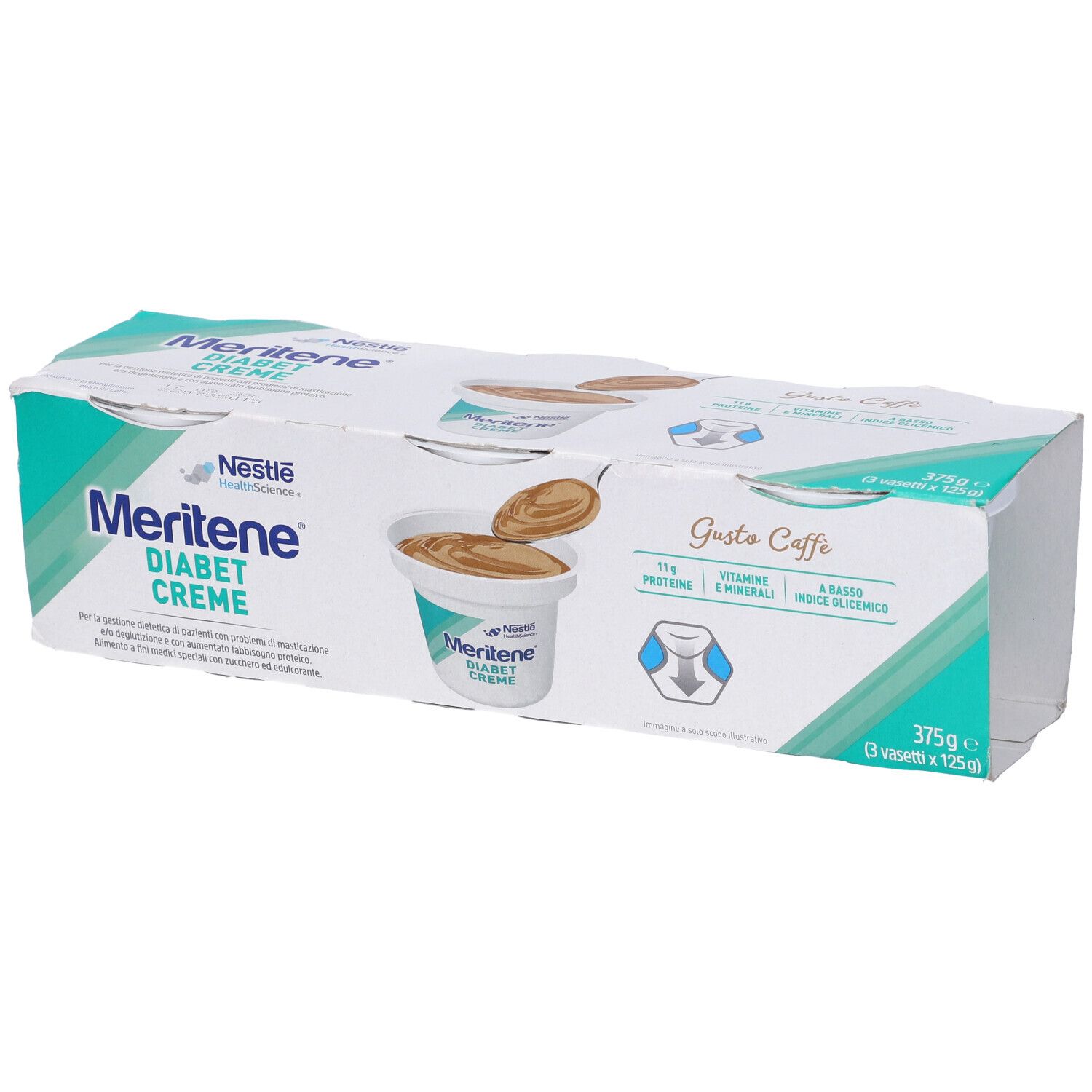 Emballage de Nestle Meritene Diabet Creme. 3 desserts au café. Emballage vert et blanc avec logo et informations nutritionnelles.