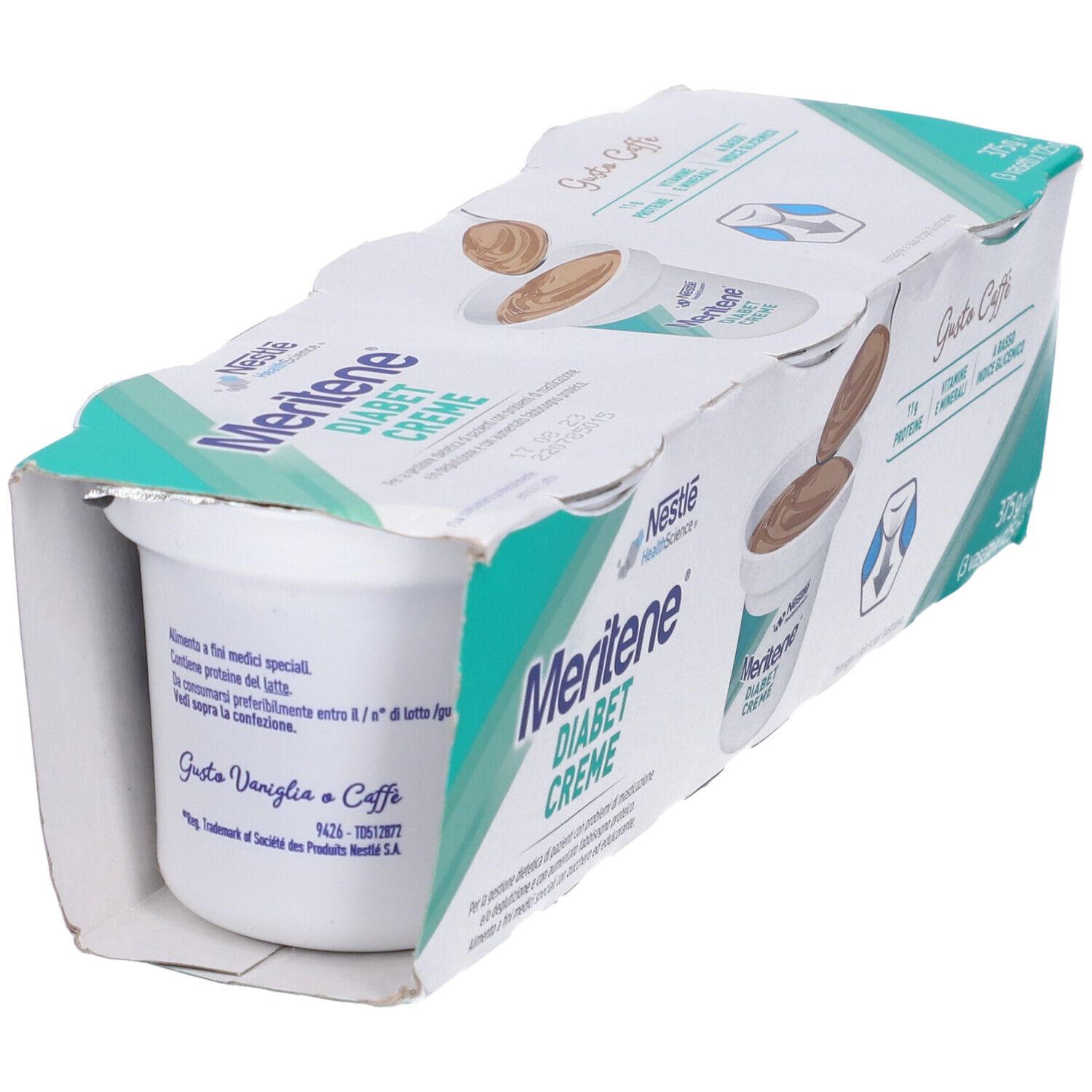 Emballage de Nestle Meritene Diabet Creme. 3 desserts au café. Emballage vert et blanc avec logo et informations nutritionnelles.