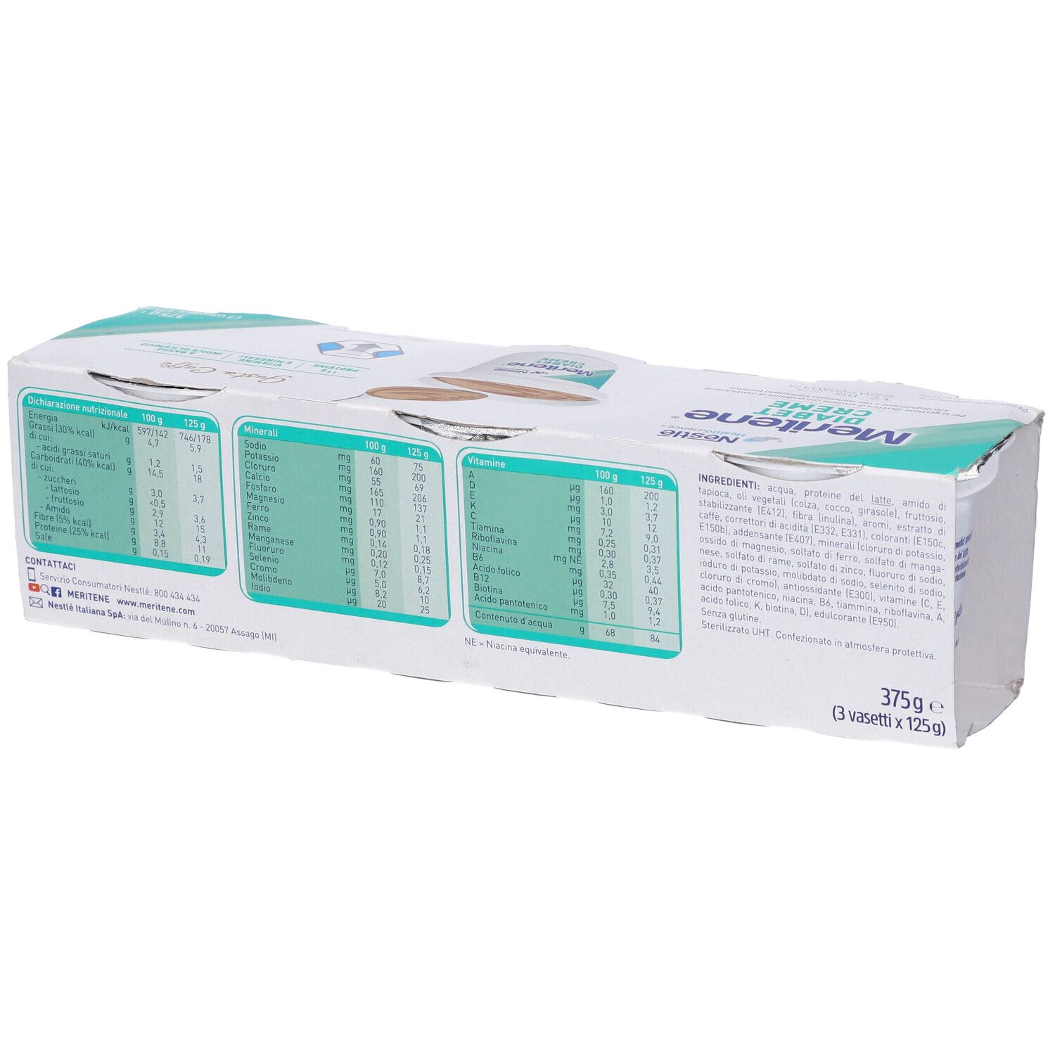 Emballage de Nestle Meritene Diabet Creme. 3 desserts. Emballage vert et blanc avec logo et informations nutritionnelles.