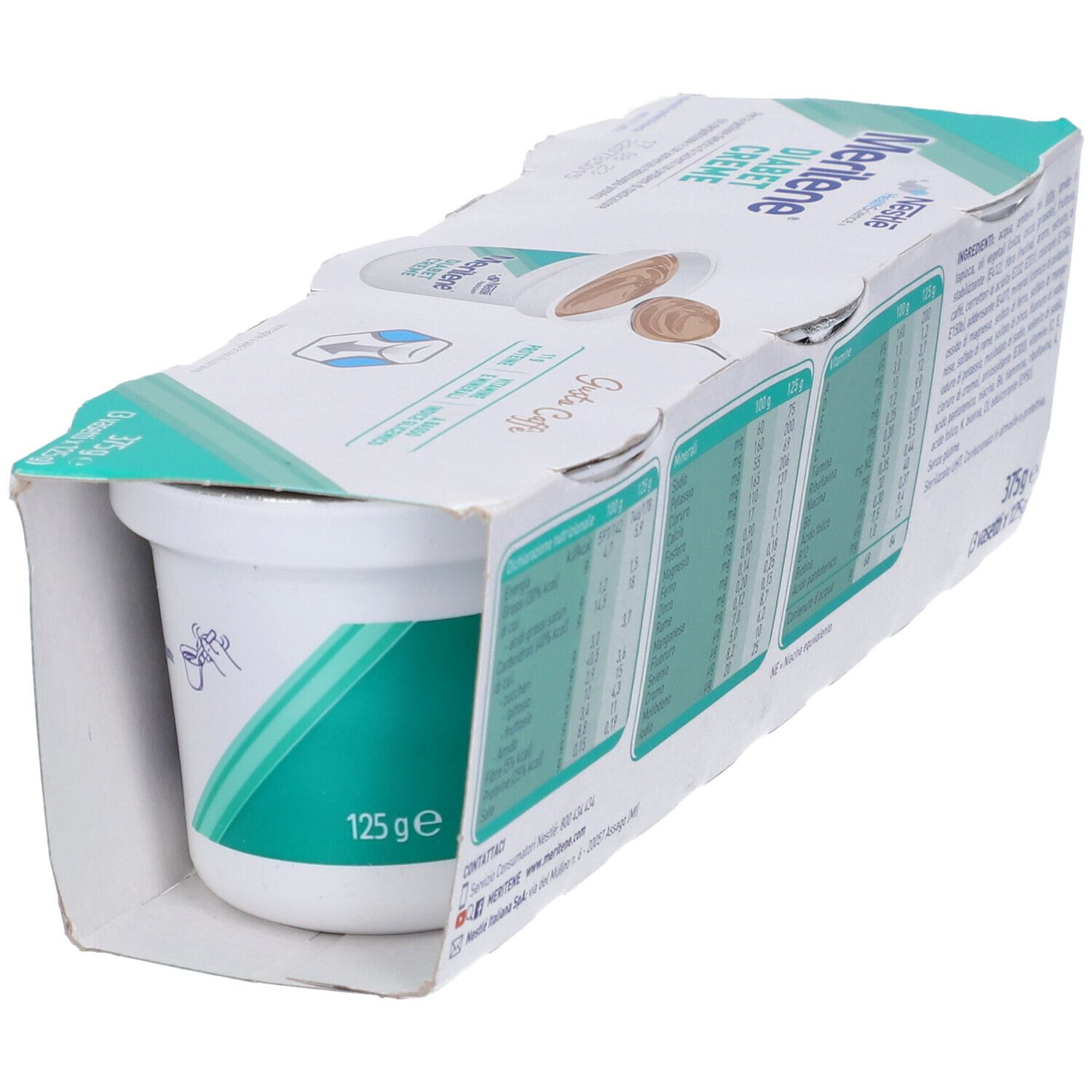 Emballage de Nestle Meritene Diabet Creme. 3 desserts. Emballage vert et blanc avec logo et informations nutritionnelles.