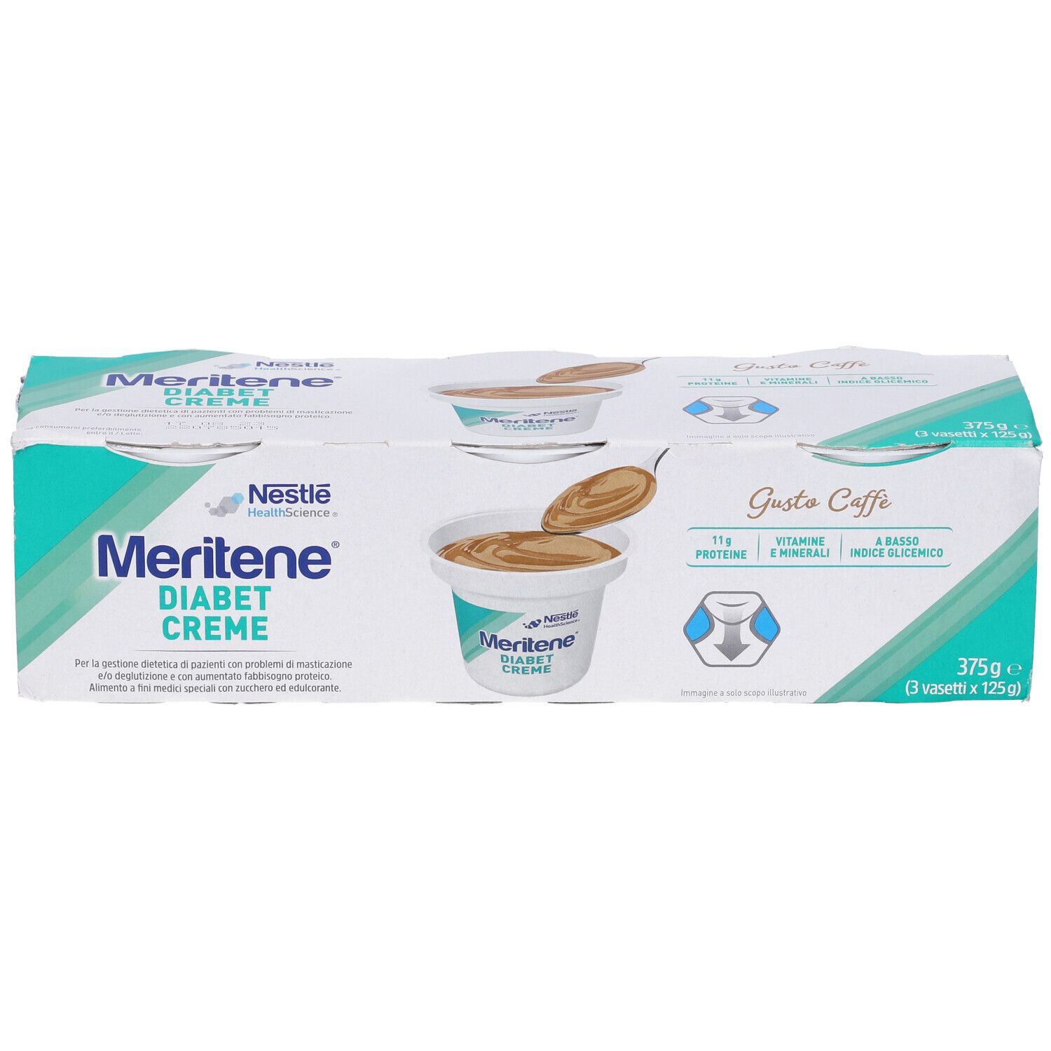 Emballage de Nestle Meritene Diabet Creme. 3 desserts au café. Emballage vert et blanc avec logo et informations nutritionnelles.