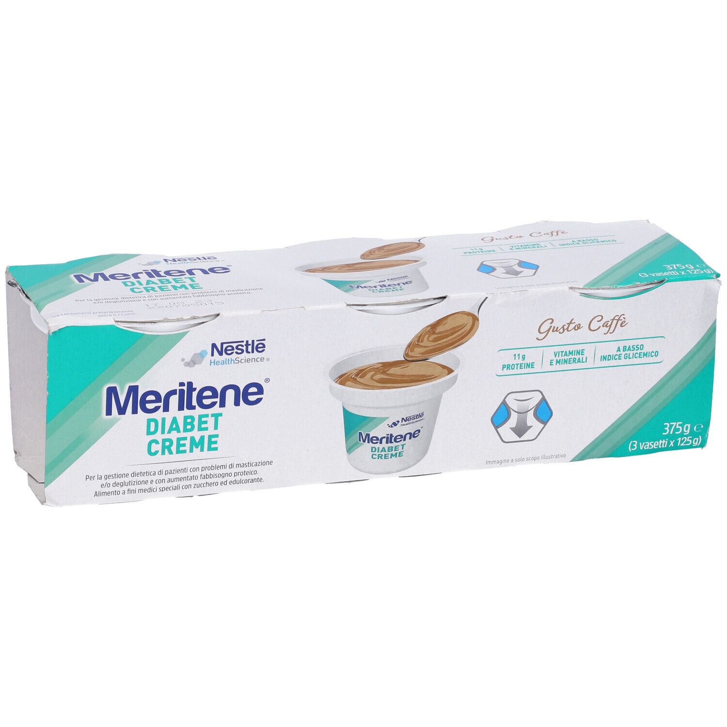 Emballage de Nestle Meritene Diabet Creme. 3 desserts au café. Emballage vert et blanc avec logo et informations nutritionnelles.
