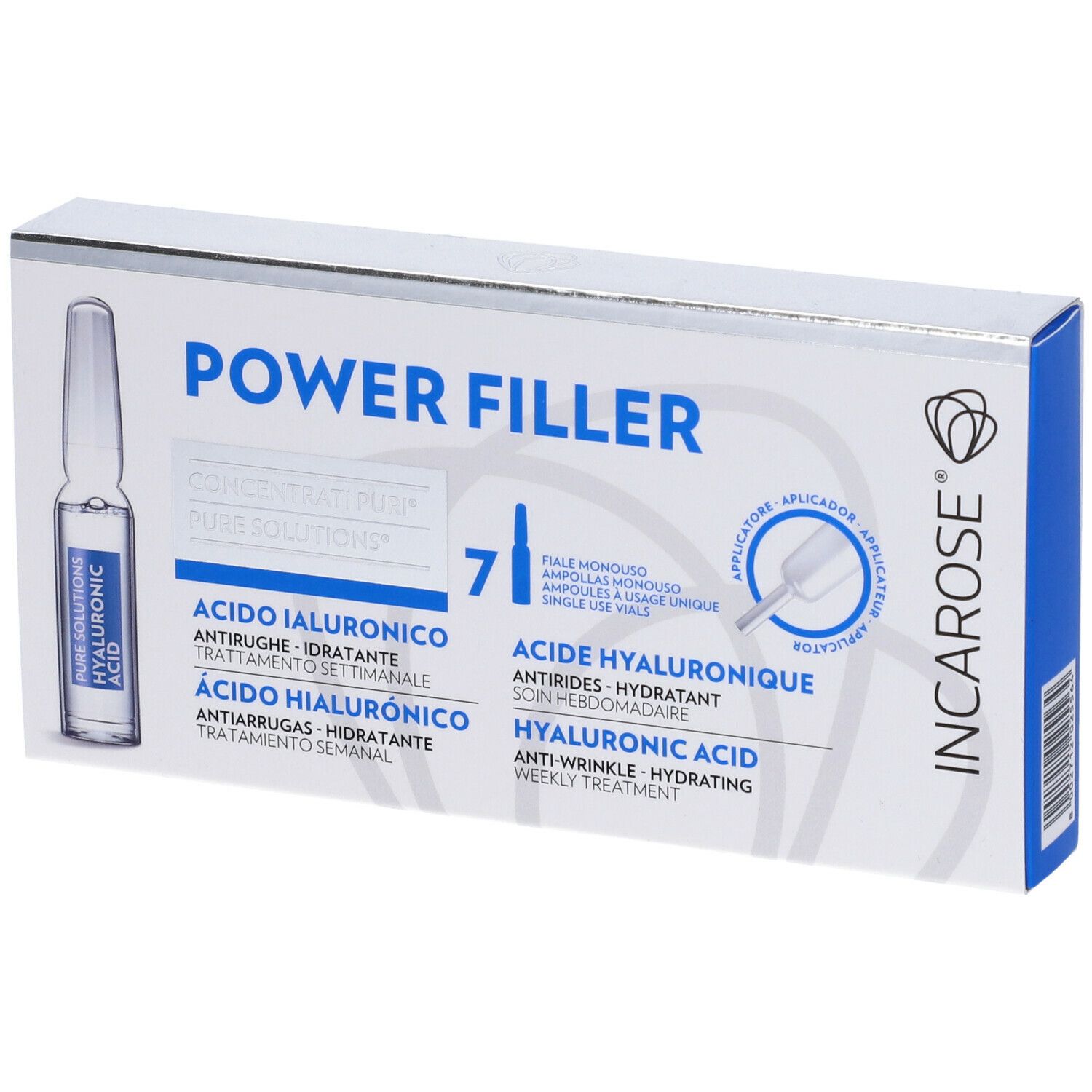 Scatola con 7 fiale. Scritto: POWER FILLER, ACIDO IALURONICO, HYALURONIC ACID. Marchio: INCAROSE.