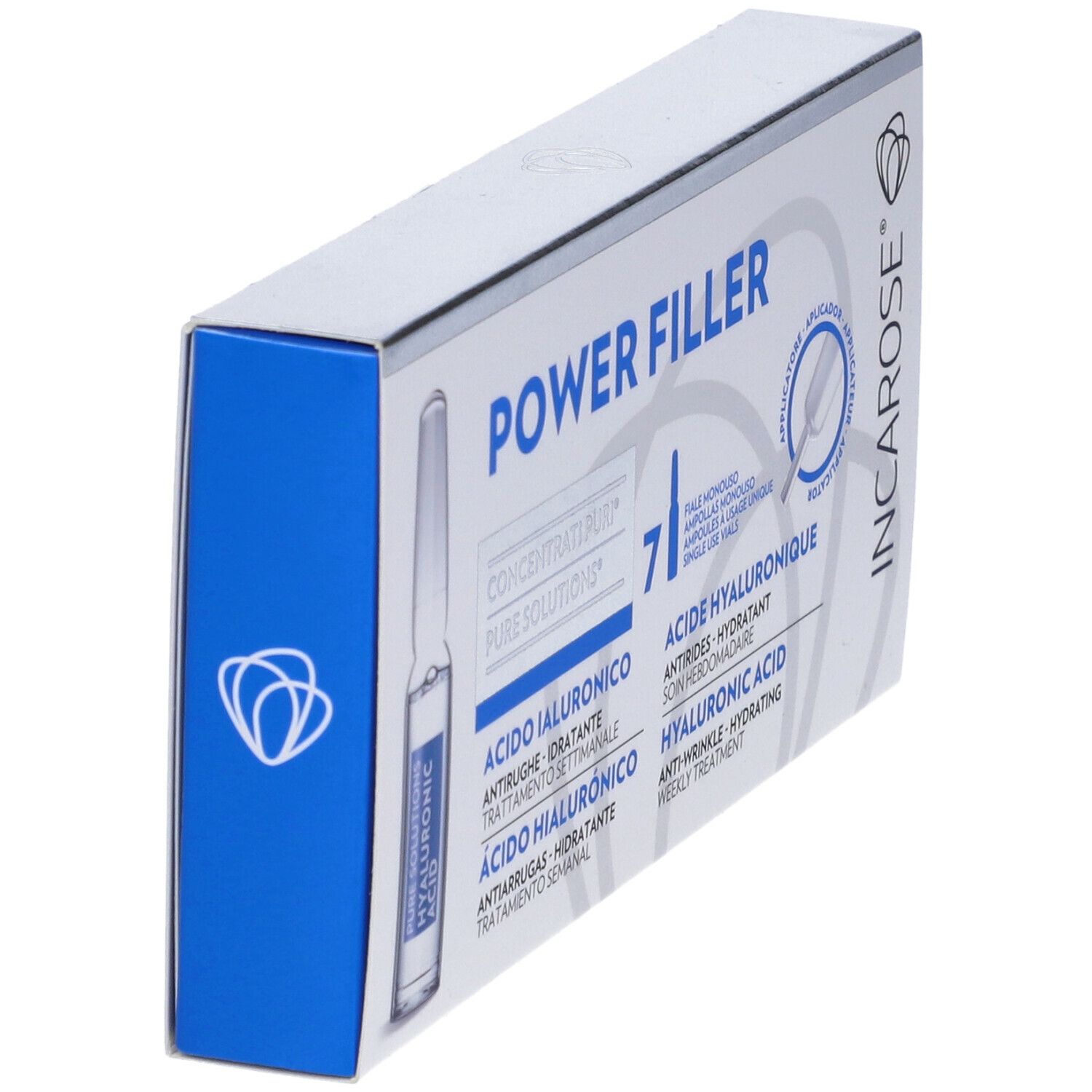 Scatola, blu e bianca. Scritto: POWER FILLER, ACIDO IALURONICO, HYALURONIC ACID. Marchio: INCAROSE.