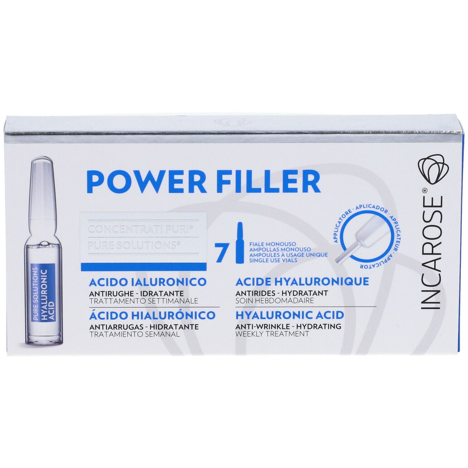 Scatola con 7 fiale. Scritto: POWER FILLER, ACIDO IALURONICO, HYALURONIC ACID. Marchio: INCAROSE.