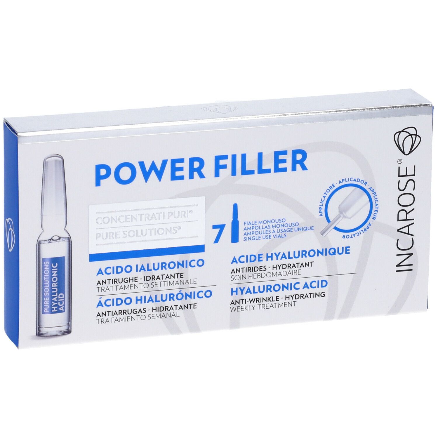 Scatola con 7 fiale. Scritto: POWER FILLER, ACIDO IALURONICO, HYALURONIC ACID. Marchio: INCAROSE.