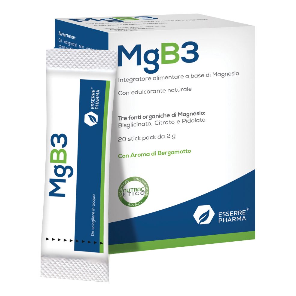 Stickpack MgB3, bianco con banda blu. Contiene 20 stick. Marchio Esserre Pharma.