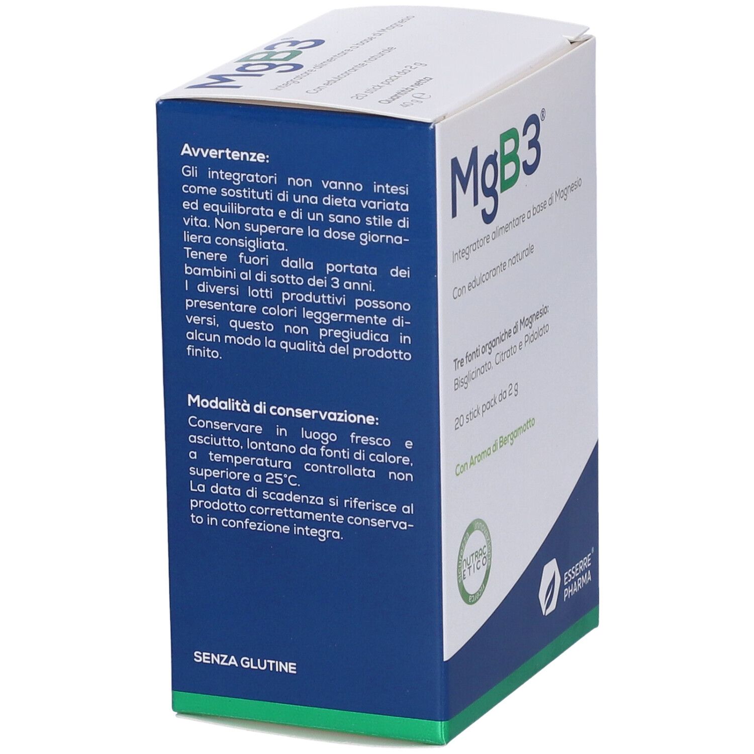 Scatola MgB3, bianca con design blu. Contiene informazioni su ingredienti e conservazione. Marchio Esserre Pharma.