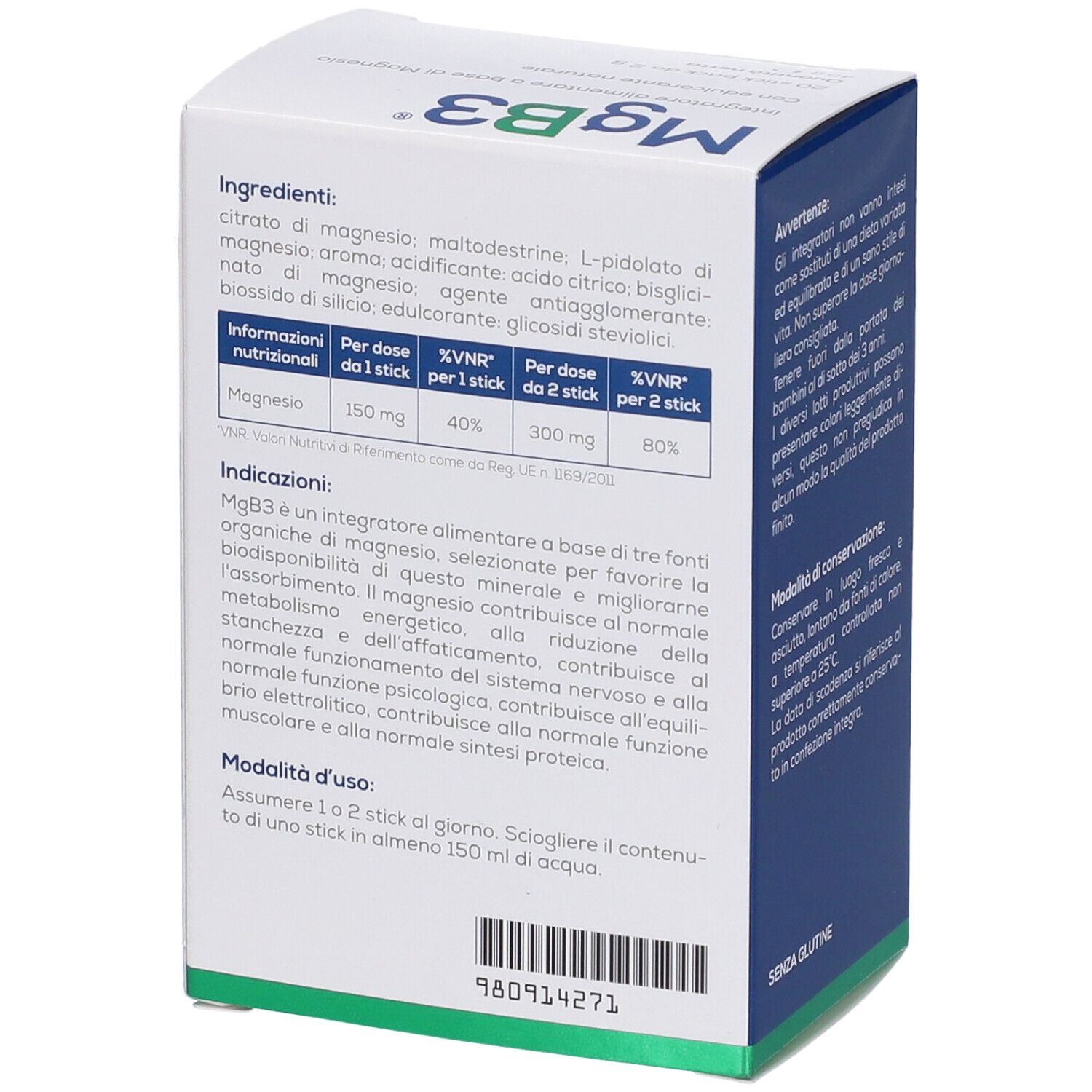 Retro della scatola MgB3. Contiene informazioni su ingredienti, valori nutrizionali e uso. Marchio Esserre Pharma.