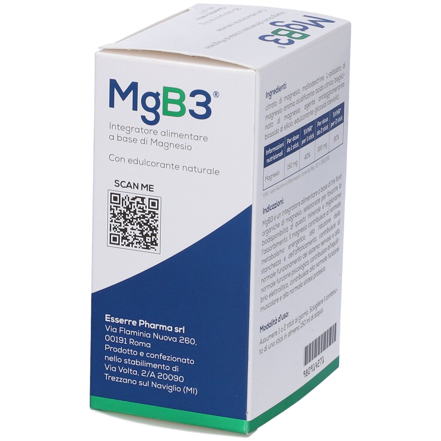 Scatola MgB3, bianca con design blu. Contiene indirizzo e codice QR. Marchio Esserre Pharma.