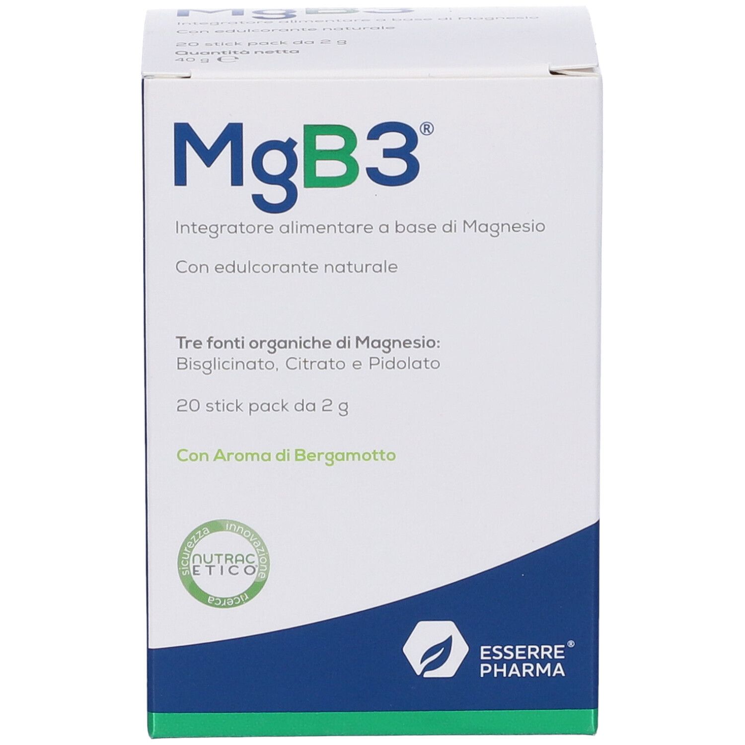 Scatola MgB3, bianca con design blu. Contiene 20 stick. Marchio Esserre Pharma. Con sigillo Nutrac Etico.