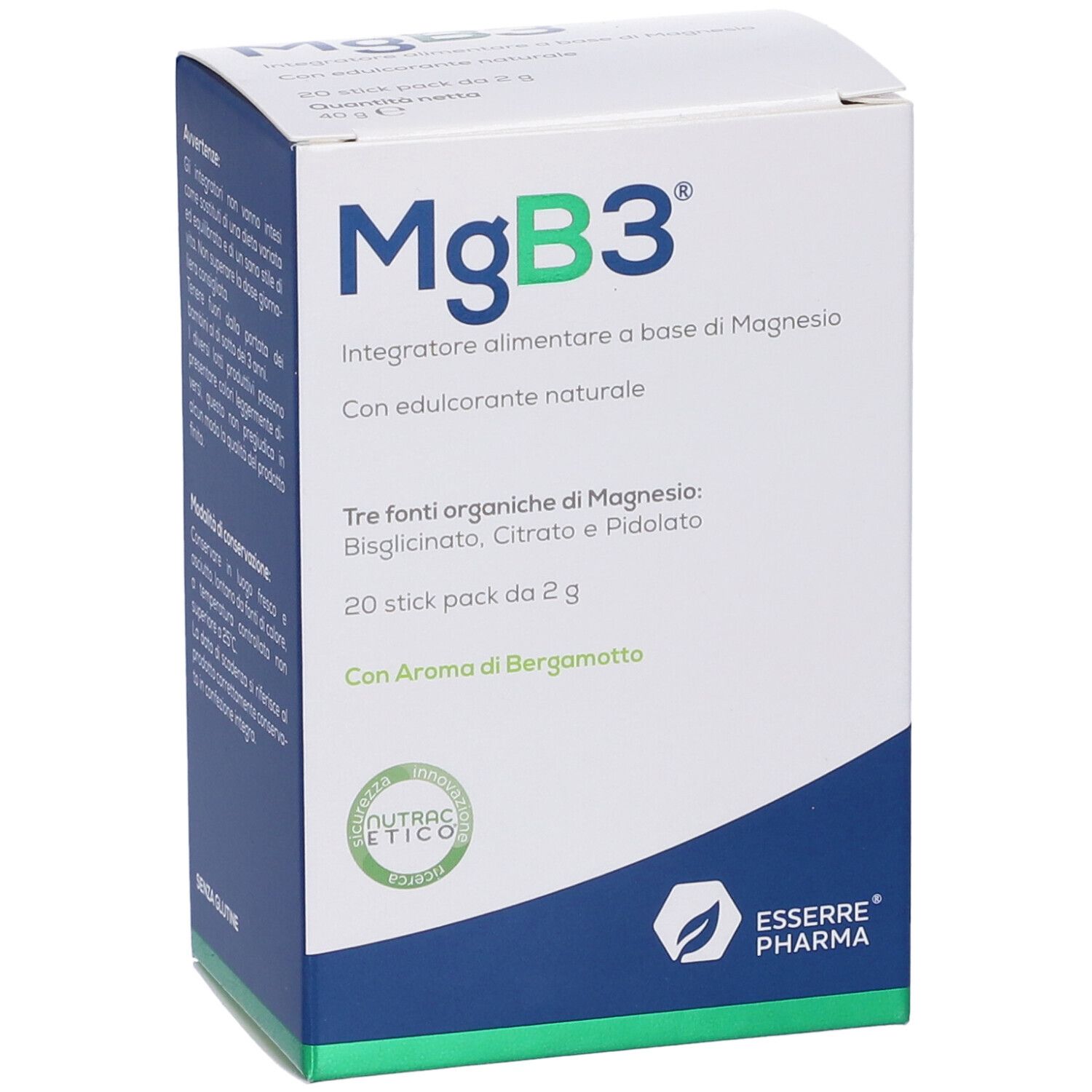 Scatola MgB3, bianca con design blu. Contiene 20 stick. Marchio Esserre Pharma. Con sigillo Nutrac Etico.