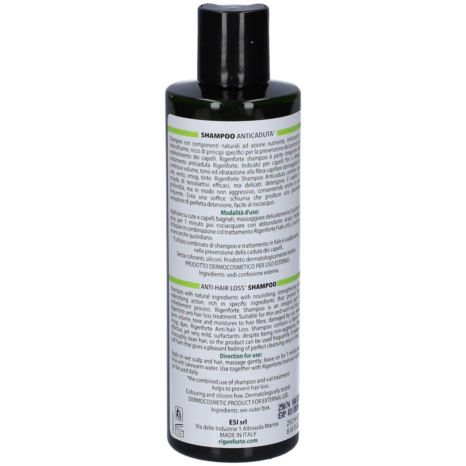 Flasche mit grünem Shampoo gegen Haarausfall. Enthält natürliche Inhaltsstoffe. 250ml.