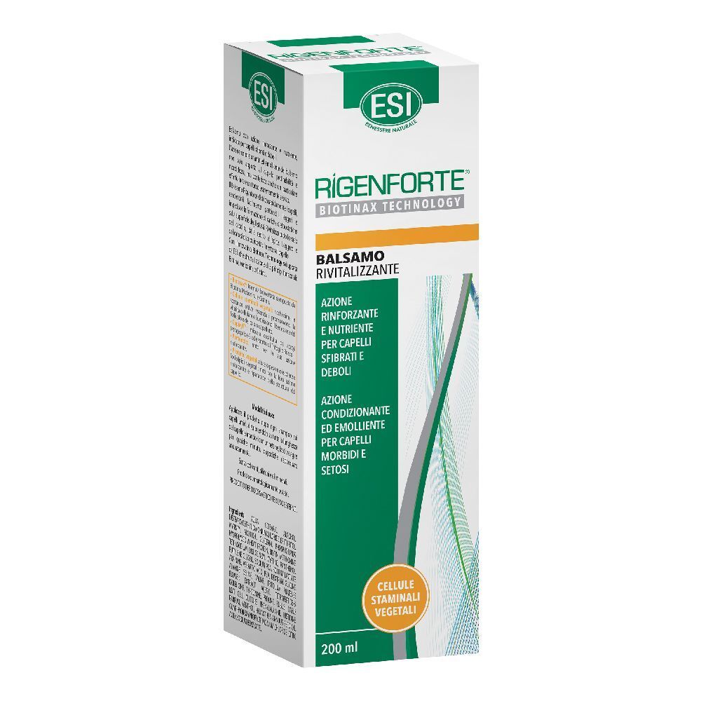 Conditionneur ESI RIGENFORTE®. Emballage blanc avec accents verts et jaunes. Informations produit et logo.