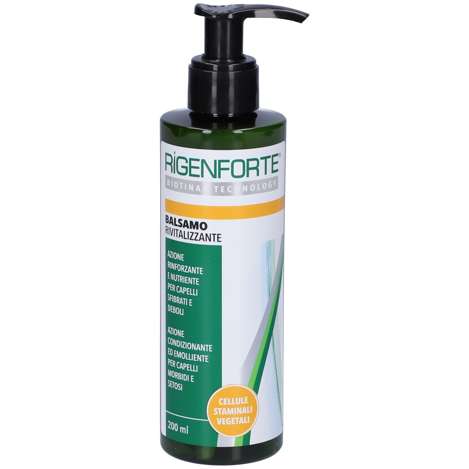 Flacon vert avec pompe noire. ESI RIGENFORTE® Balsamo. Étiquette avec texte et logo.