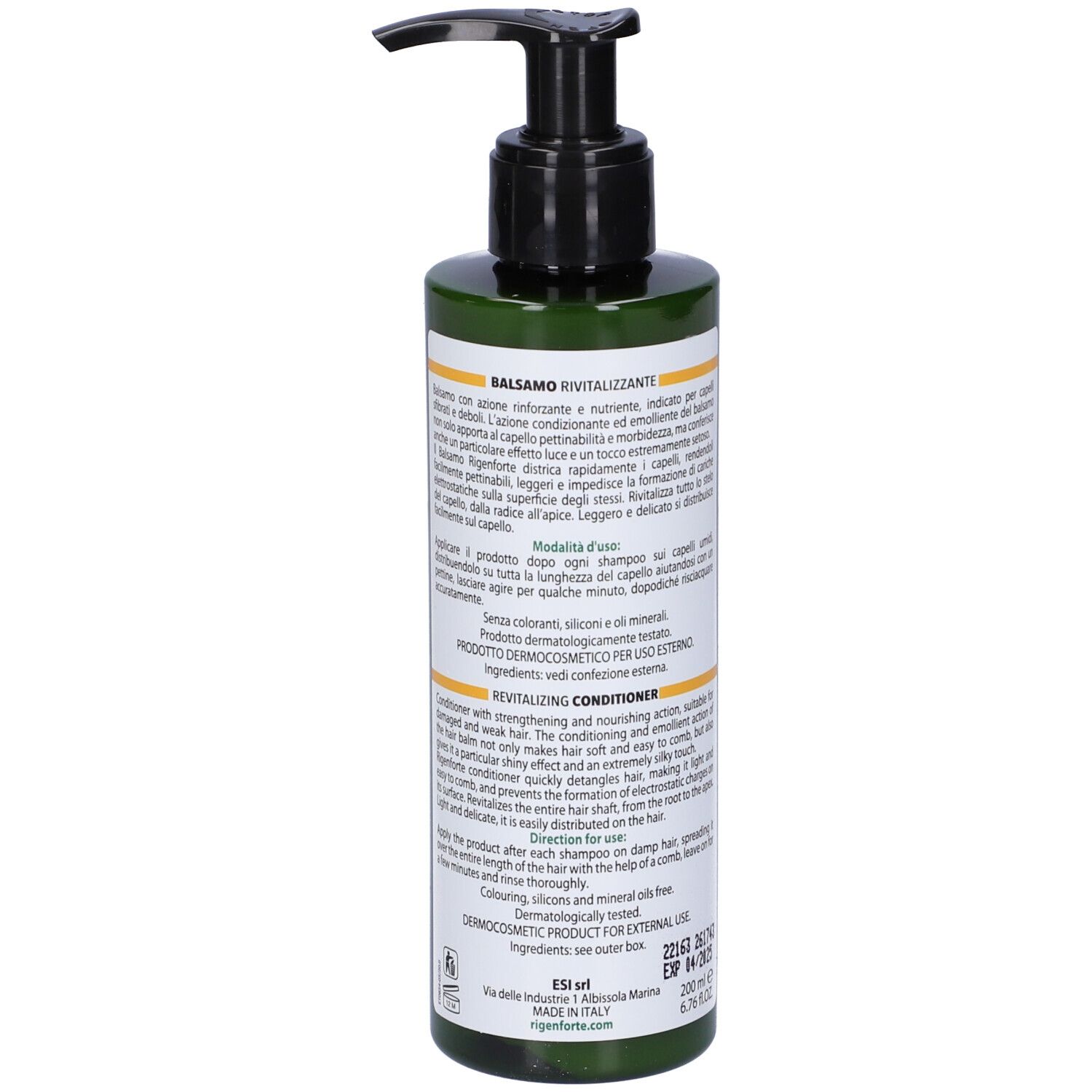Flacon vert avec pompe noire. ESI RIGENFORTE® Balsamo. Étiquette avec texte et logo.