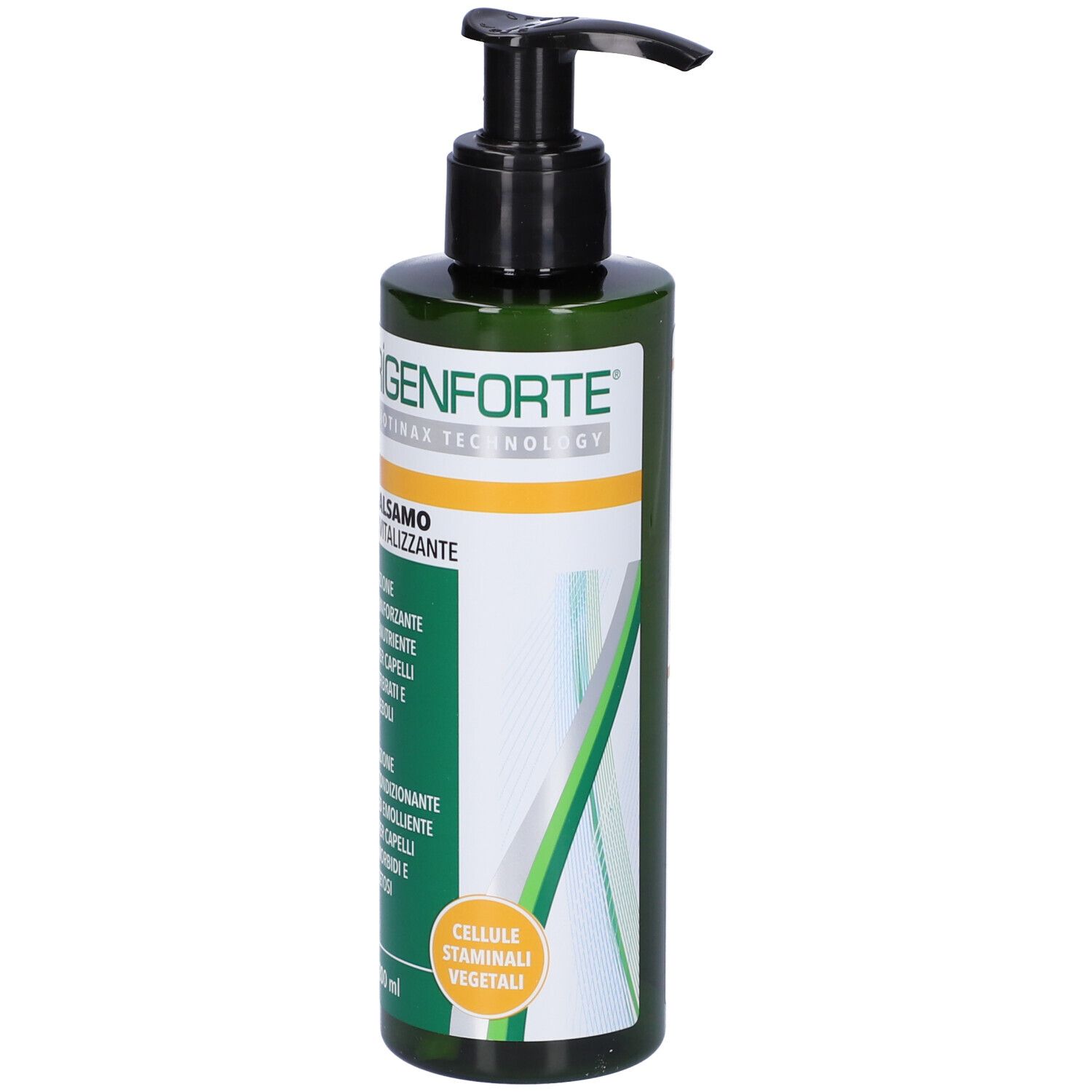 Flacon vert avec pompe noire. ESI RIGENFORTE® Balsamo. Étiquette avec texte et logo.