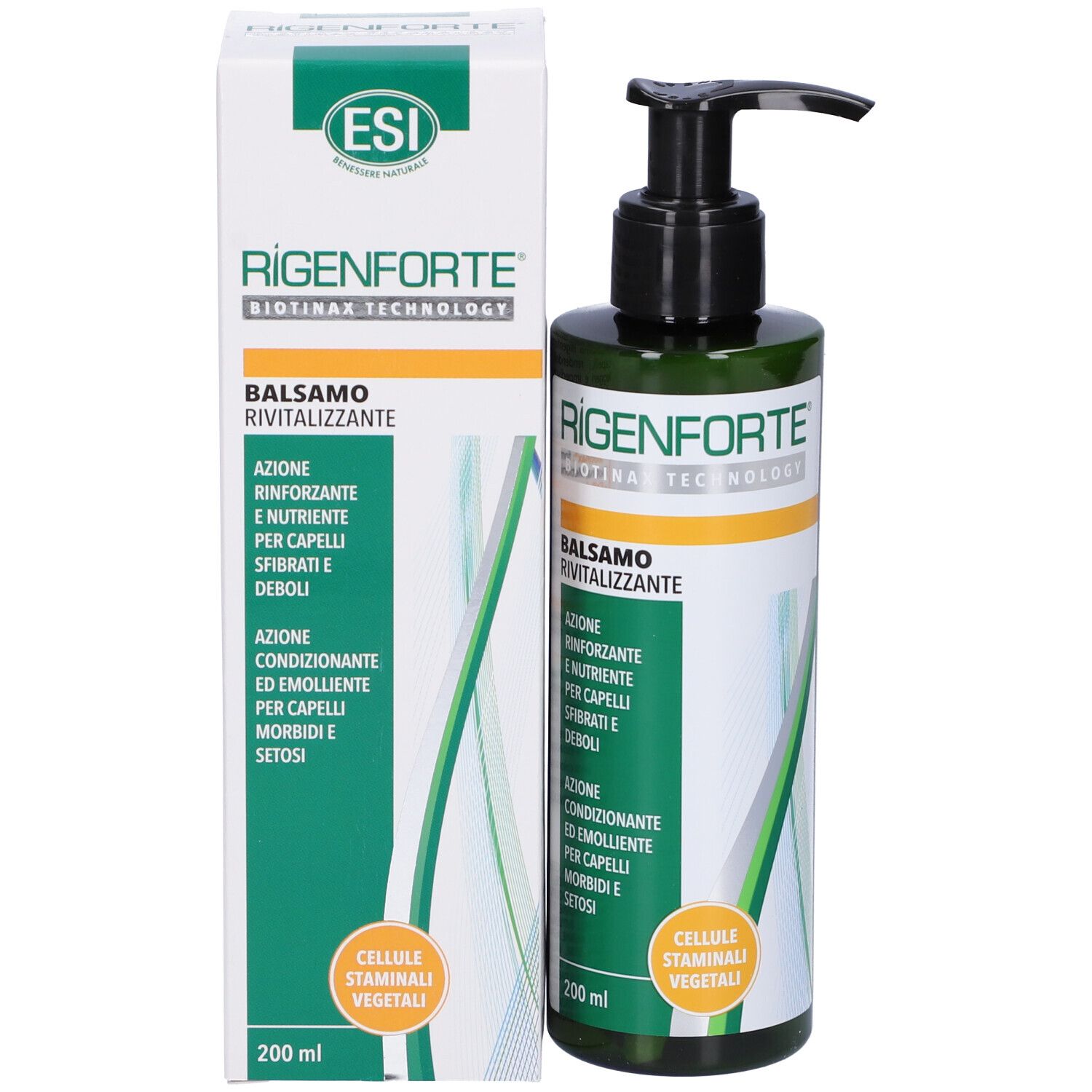 Conditionneur ESI RIGENFORTE® et flacon. Emballage blanc avec accents verts et jaunes. Informations produit.