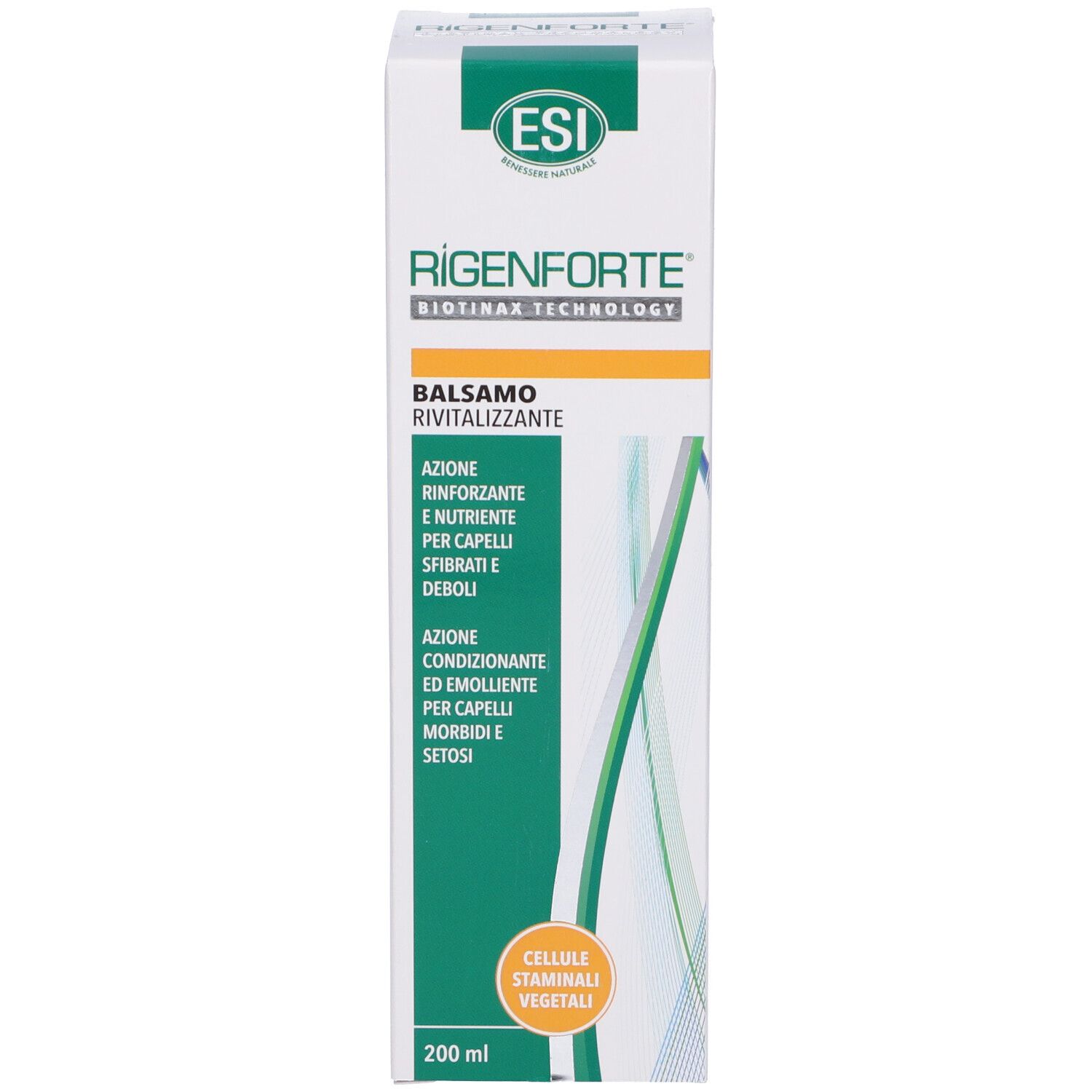 Conditionneur ESI RIGENFORTE®. Emballage blanc avec accents verts et jaunes. Informations produit et logo.