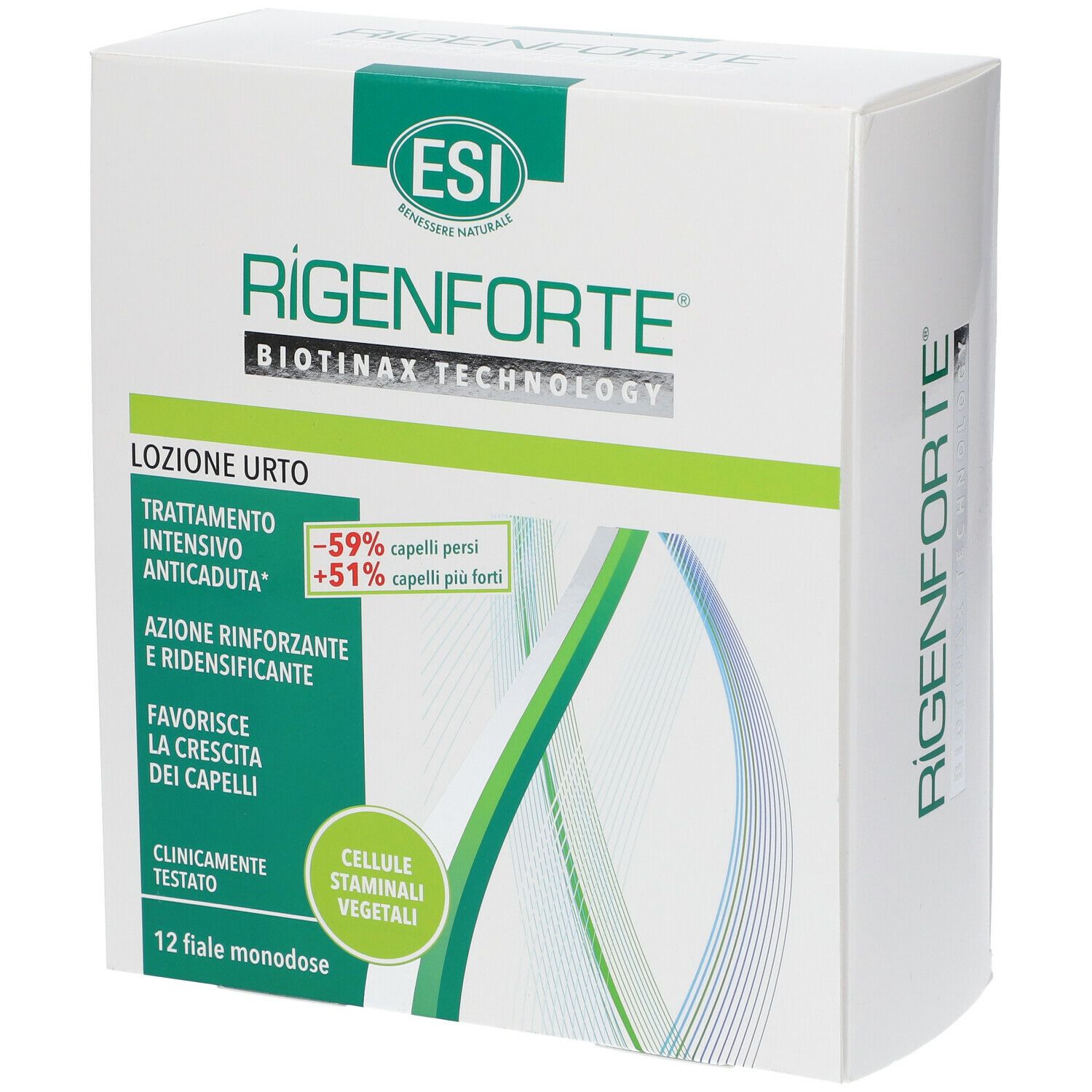 Weiße Schachtel mit grünem Logo und Produktnamen. Text: 'Rigenforte', 'Biotinax Technology', '12 Fläschchen'.