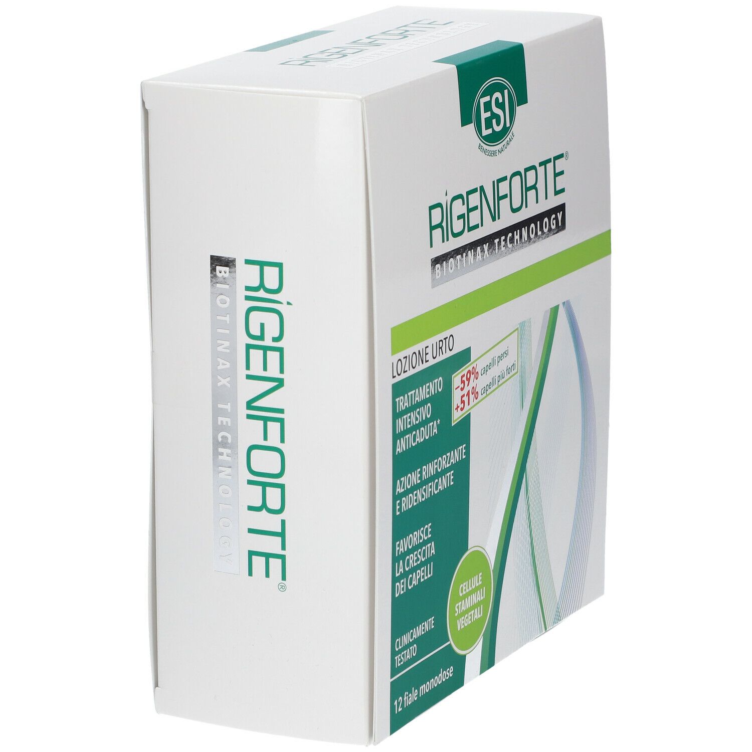 Weiße Schachtel mit grünem Logo und Produktnamen. Text: 'Rigenforte', 'Biotinax Technology', '12 Fläschchen'.