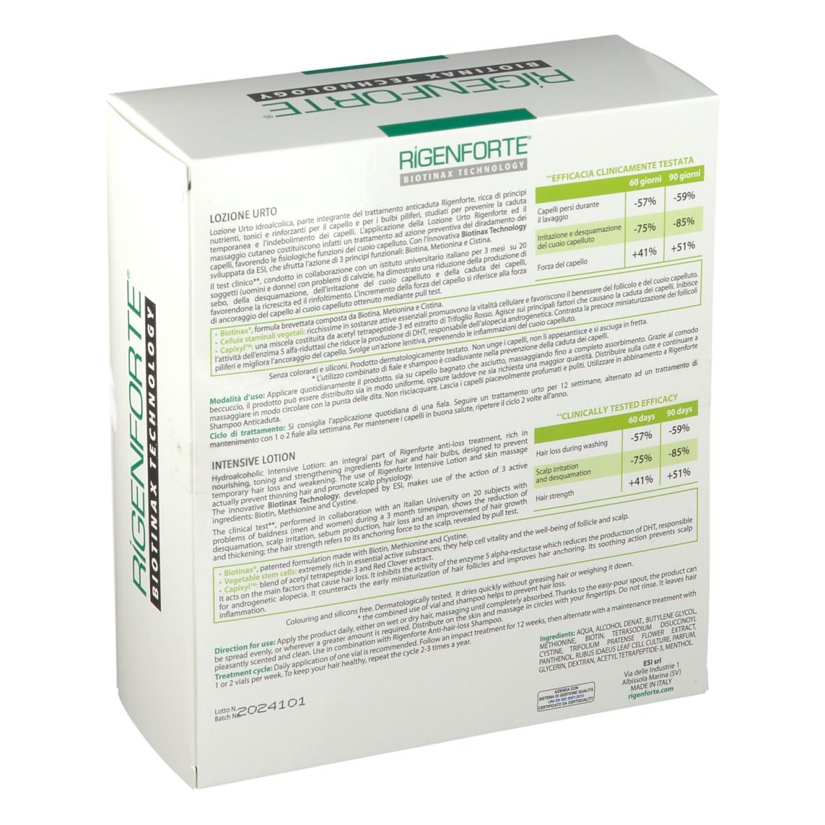 Weiße Schachtel mit grünem Logo und Produktnamen. Text: 'Rigenforte', 'Biotinax Technology', '12 Fläschchen'. Rückseite mit Text.