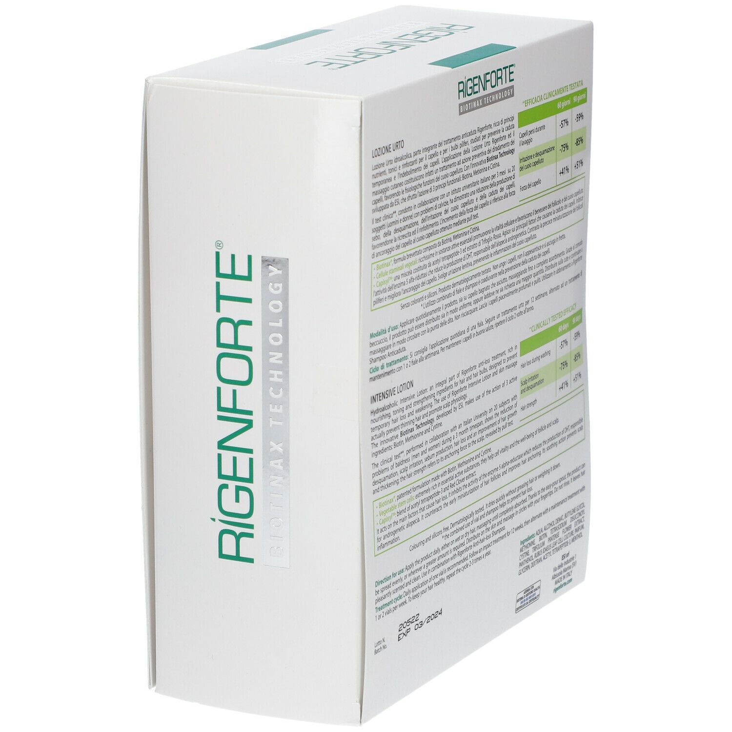 Weiße Schachtel mit grünem Logo und Produktnamen. Text: 'Rigenforte', 'Biotinax Technology'. Rückseite mit Text.