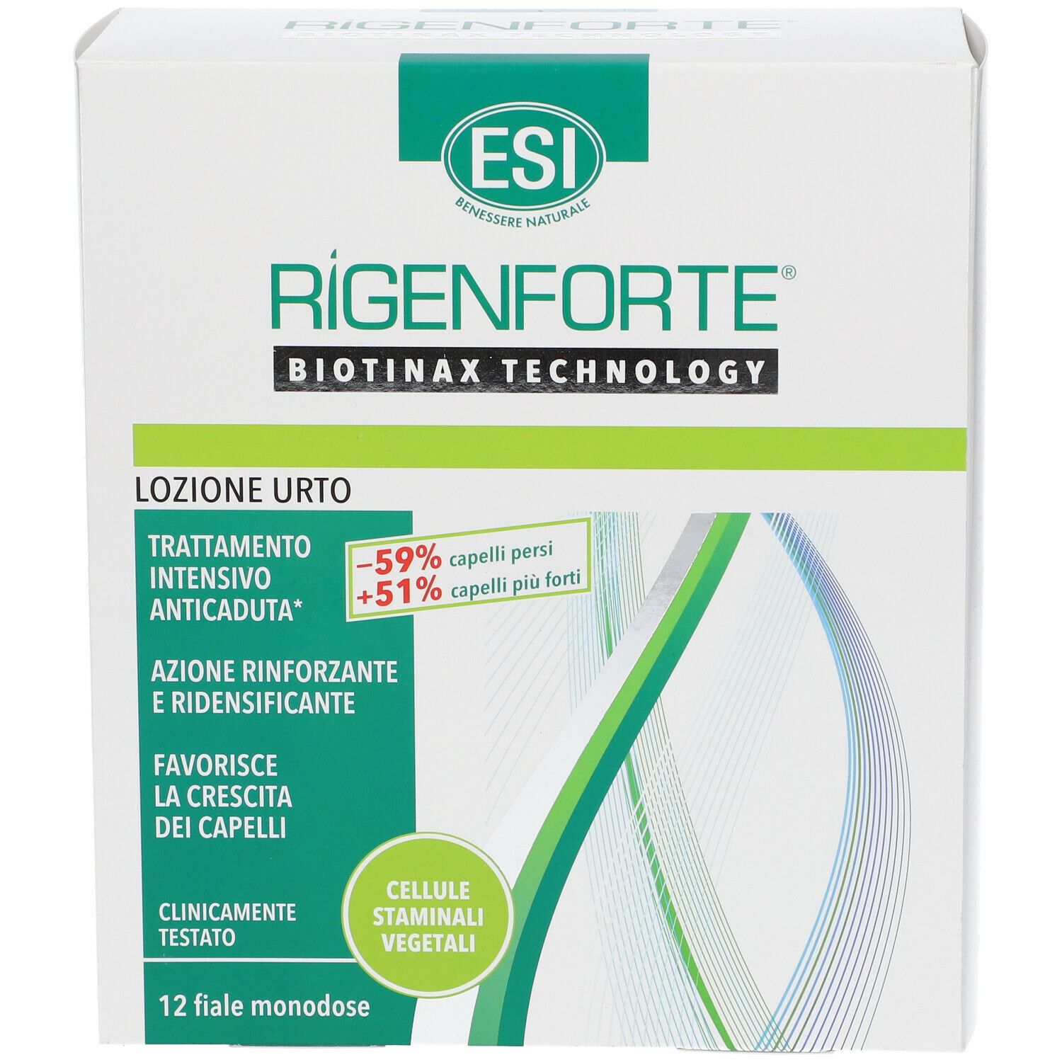 Weiße Schachtel mit grünem Logo und Produktnamen. Text: 'Rigenforte', 'Biotinax Technology', '12 Fläschchen'.