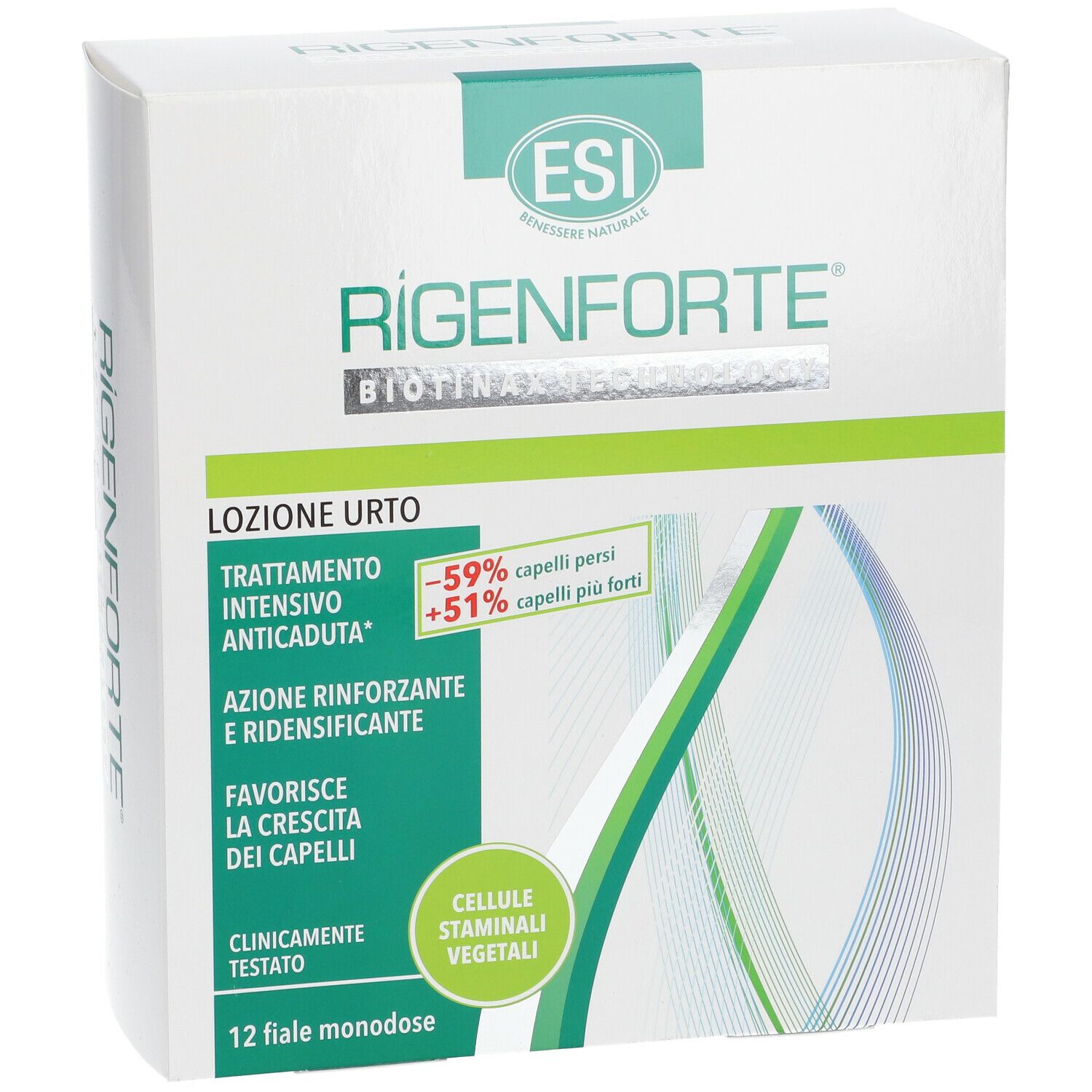 Weiße Schachtel mit grünem Logo und Produktnamen. Text: 'Rigenforte', 'Biotinax Technology', '12 Fläschchen'.