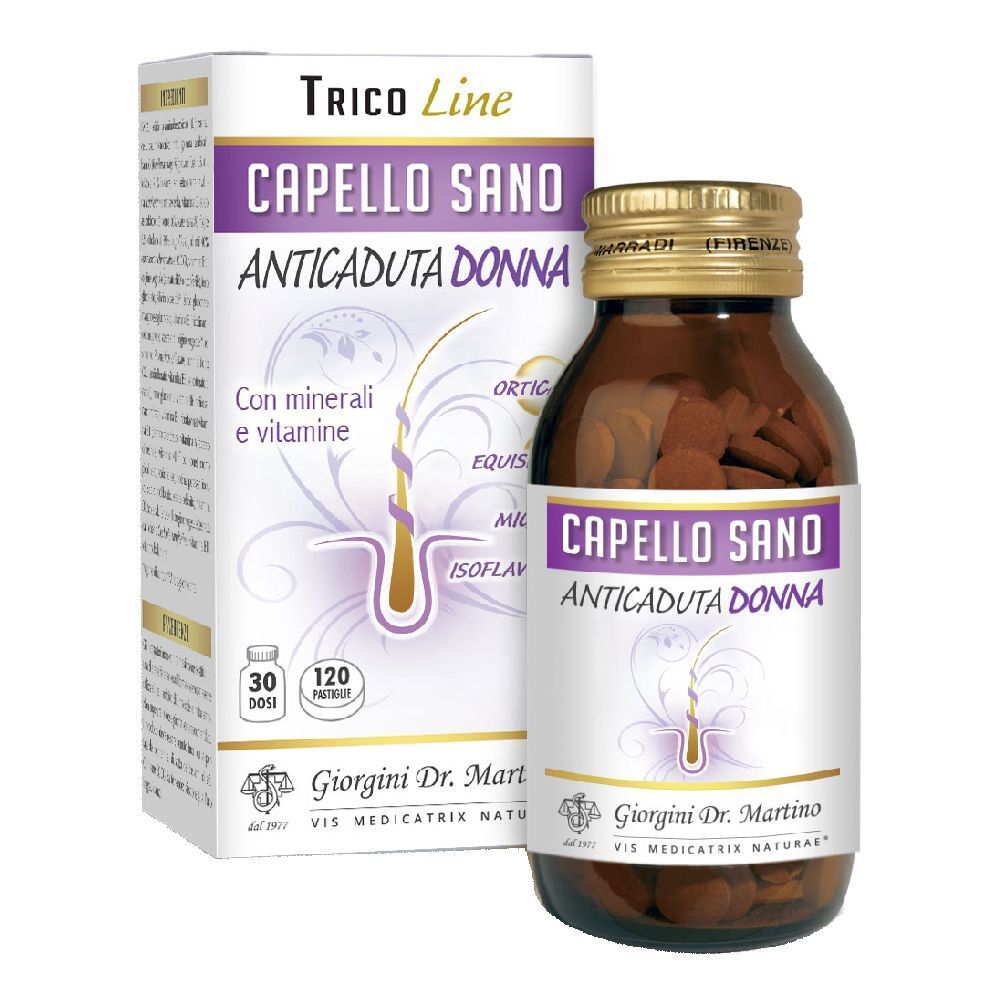 Flacone in vetro marrone con compresse ed etichetta Capello Sano Anticaduta Donna. Scatola accanto.