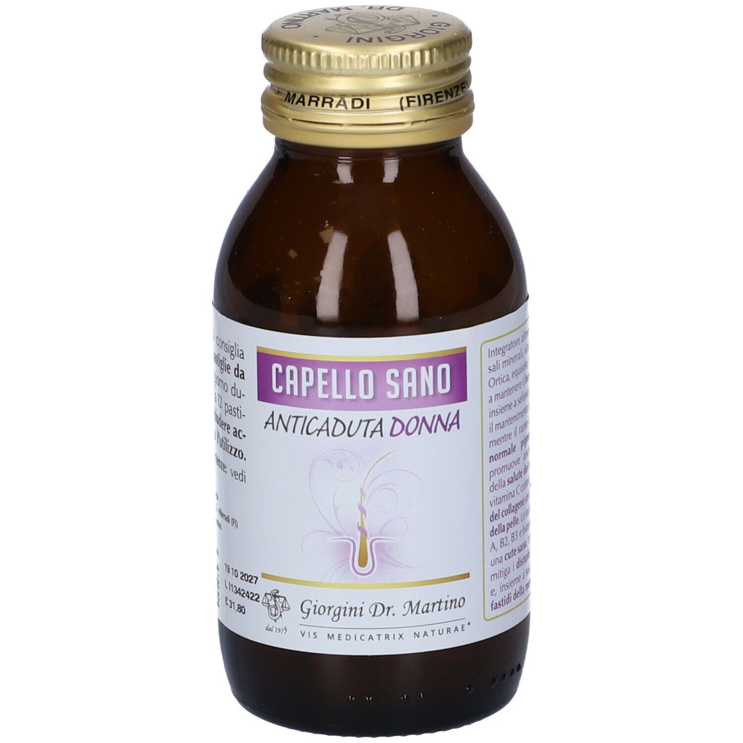 Flacone in vetro marrone con compresse. Etichetta Capello Sano Anticaduta Donna. Tappo dorato.