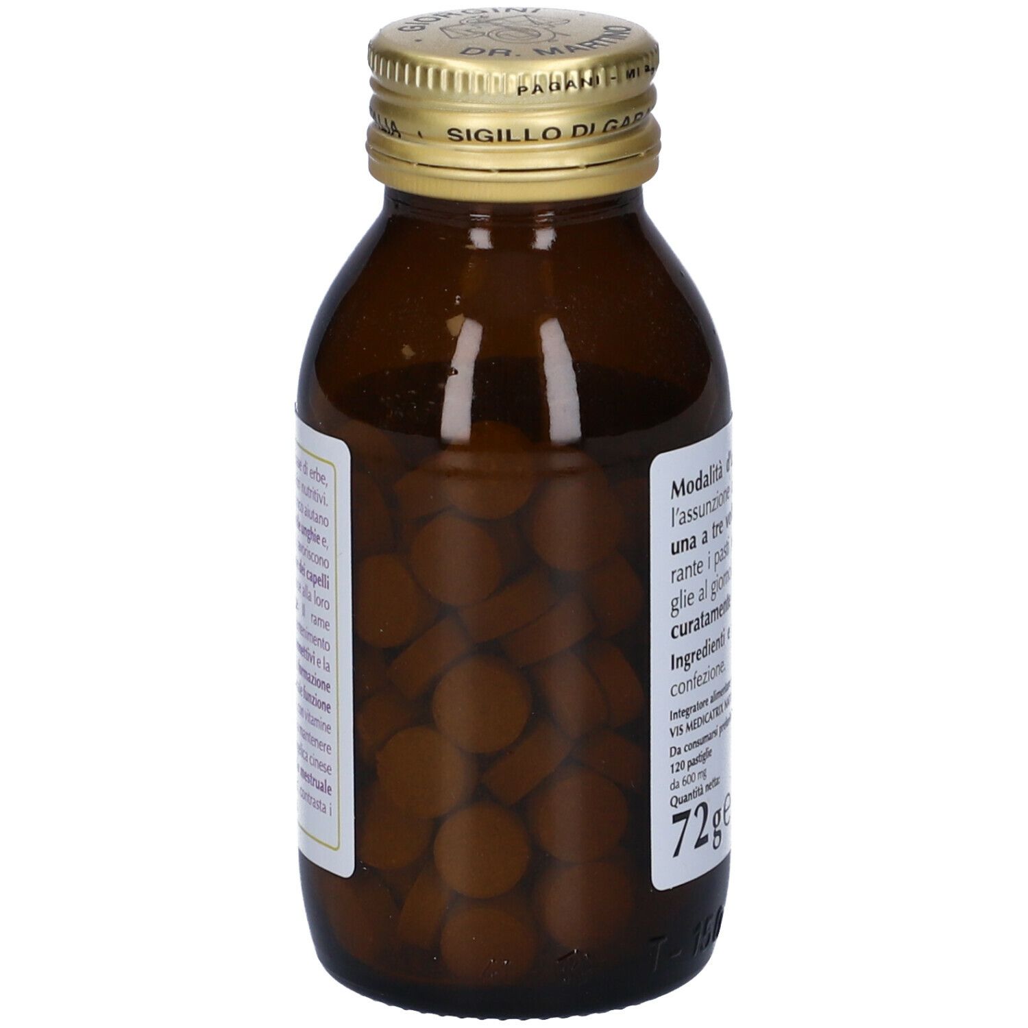Flacone in vetro marrone con compresse. Retro con testo. Tappo dorato. Etichetta con informazioni.