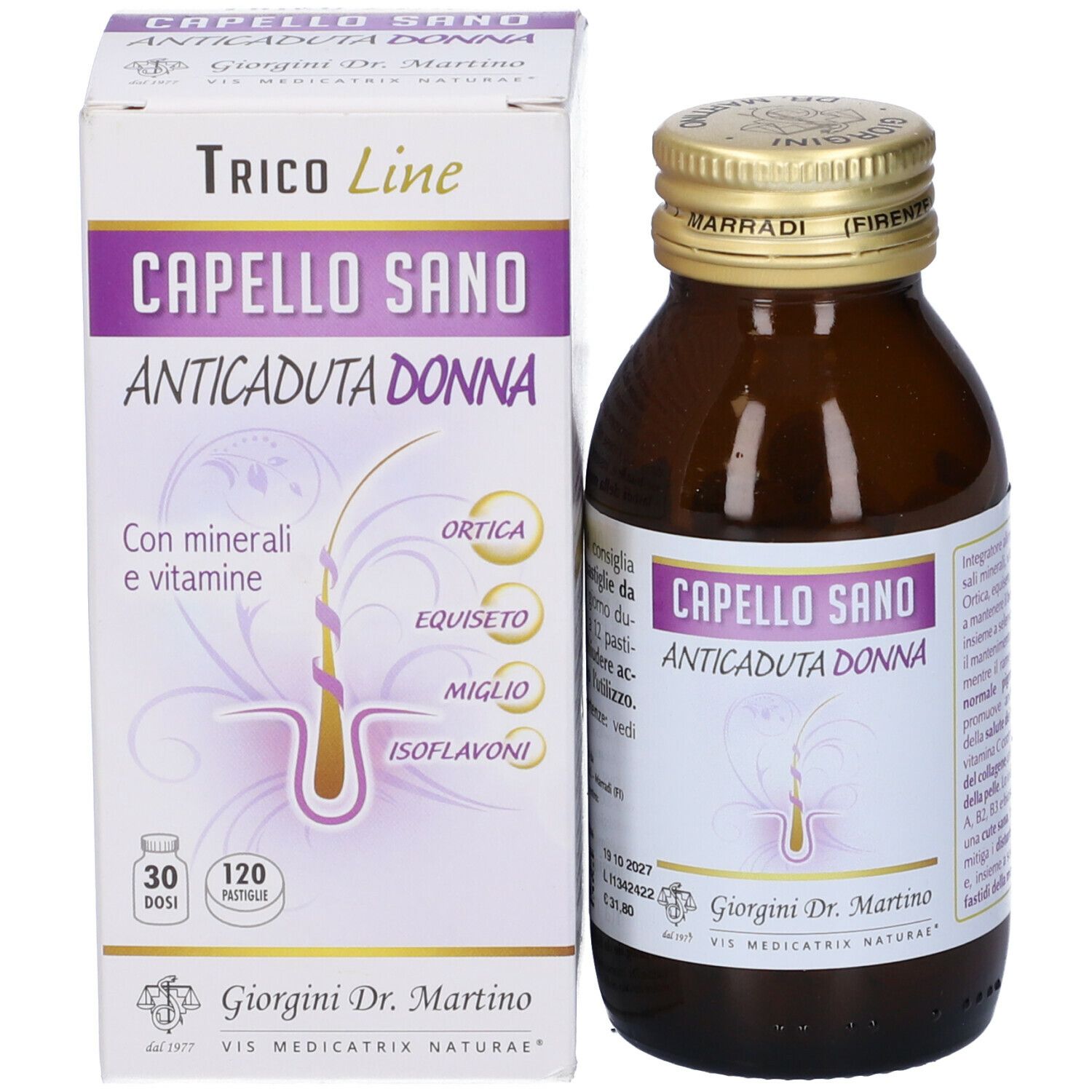 Flacone in vetro marrone con compresse ed etichetta Capello Sano Anticaduta Donna. Scatola accanto.