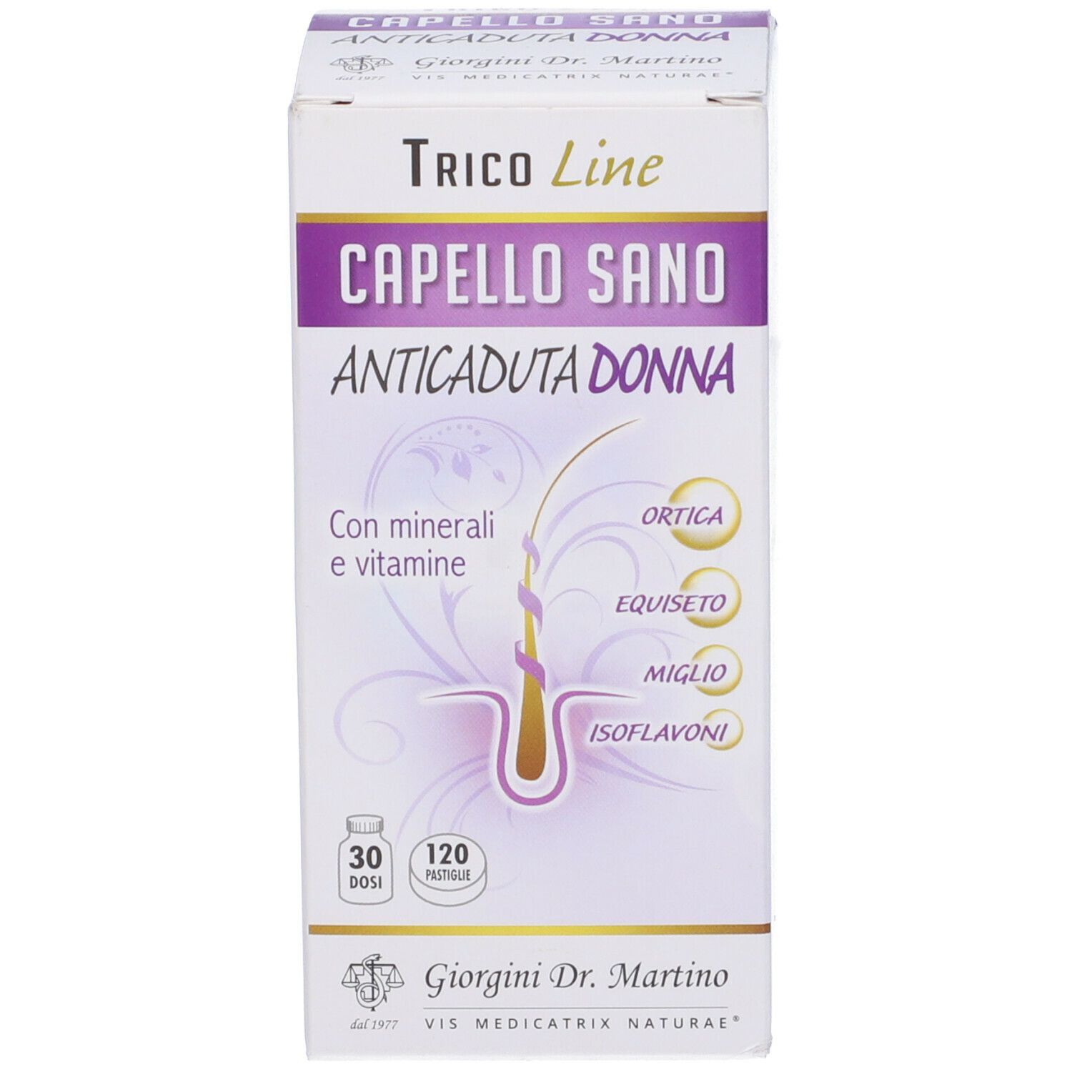 Scatola bianca con nome prodotto Capello Sano Anticaduta Donna. Scritto: Con minerali e vitamine. 120 Pastiglie.