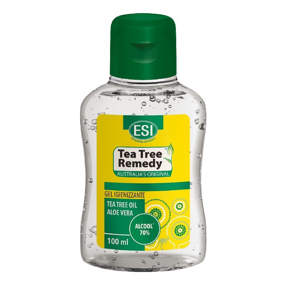 ESI Tea Tree Remedy. Flacone con tappo verde ed etichetta gialla. Contiene gel, alcool 70%.