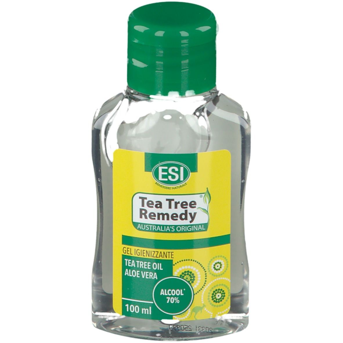 ESI Tea Tree Remedy. Flacone con tappo verde ed etichetta gialla. Contiene gel, alcool 70%.