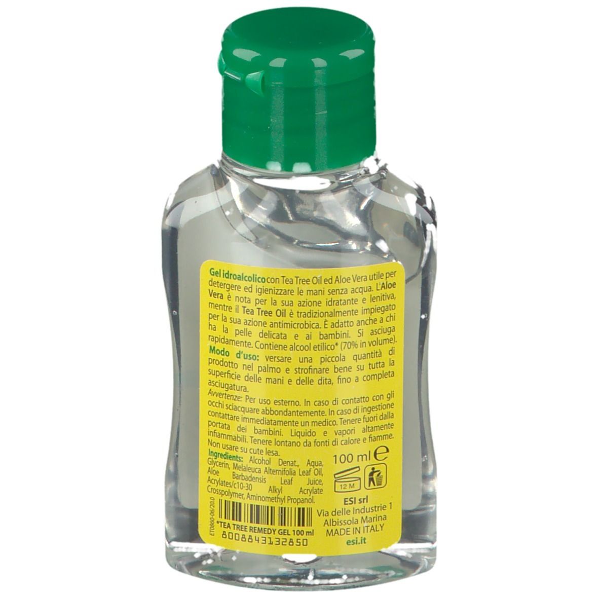 ESI Tea Tree Remedy. Retro del flacone con testo. Contiene gel, alcool 70%.