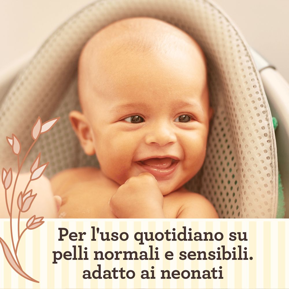 Bébé dans un bain. Texte : "Per l'uso quotidiano su pelli normali e sensibili. Adatto ai neonati".