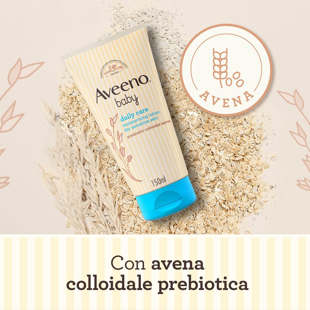 Tube de crème avec flocons d'avoine. Texte : "Con avena colloidale prebiotica".
